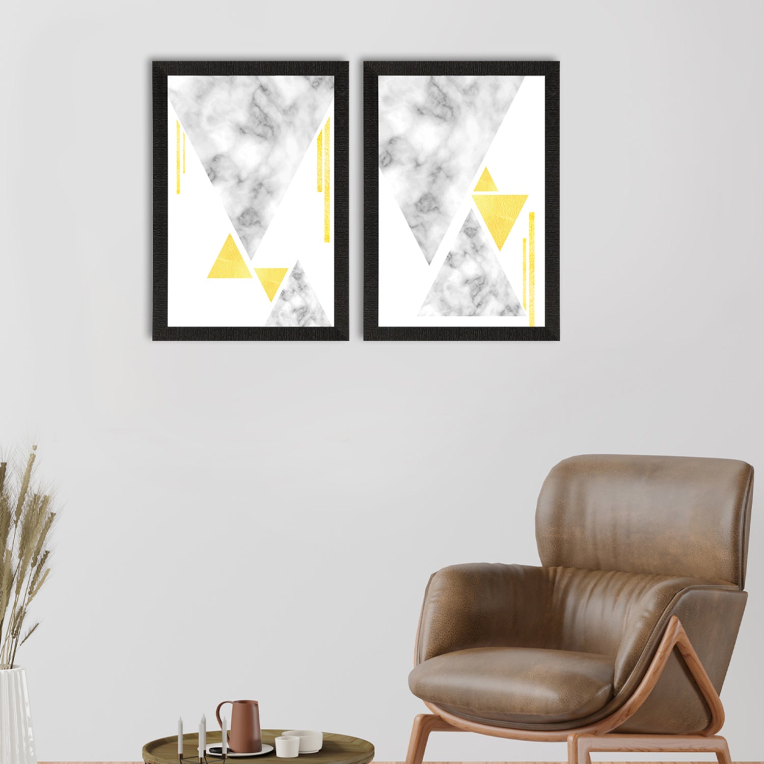 Marble Textured Triangle Minimalistic Set of 2 Satin Matt Texture UV Art Painting