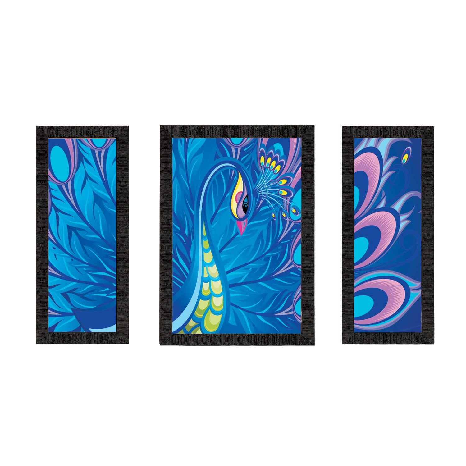 Set Of 3 Colorful Peacock Satin Matt Texture UV Art Painting