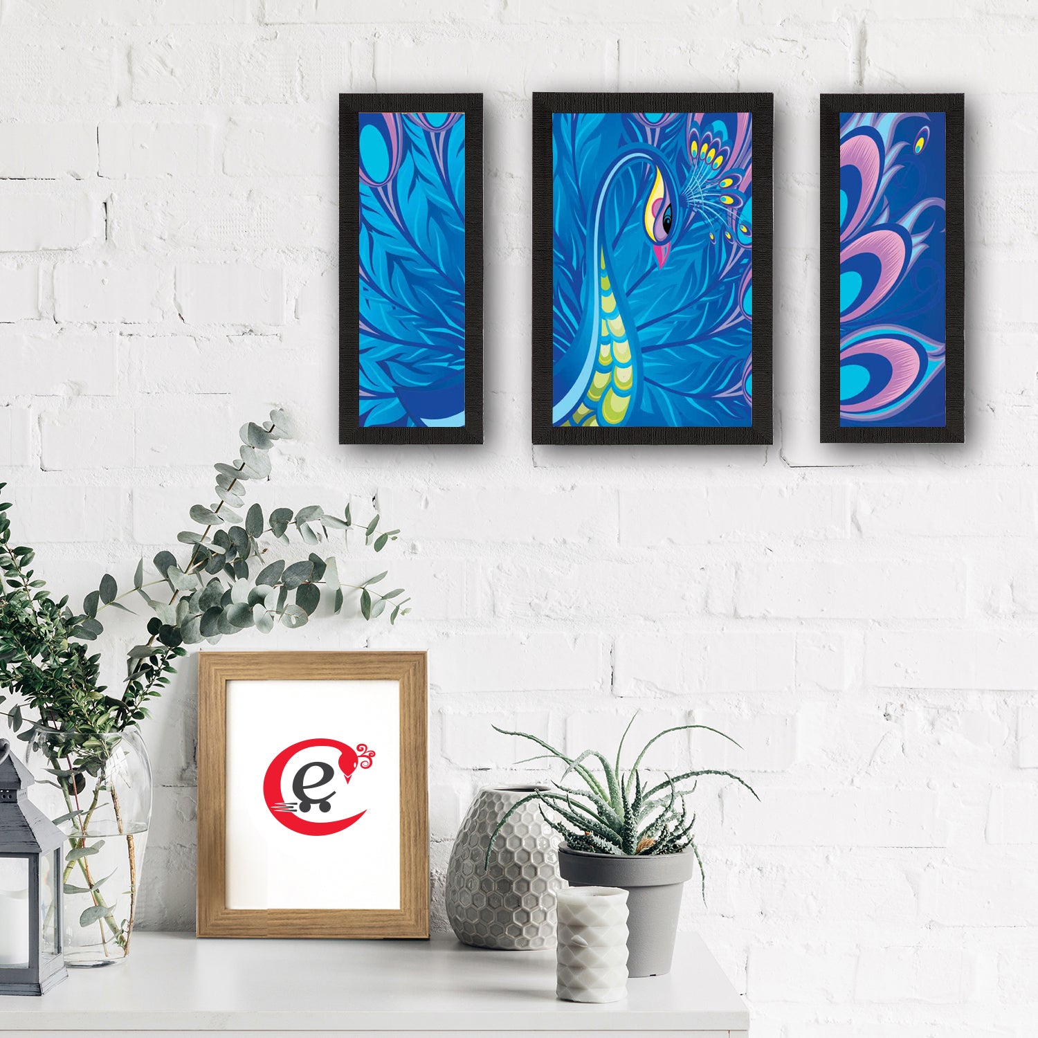 Set Of 3 Colorful Peacock Satin Matt Texture UV Art Painting 1