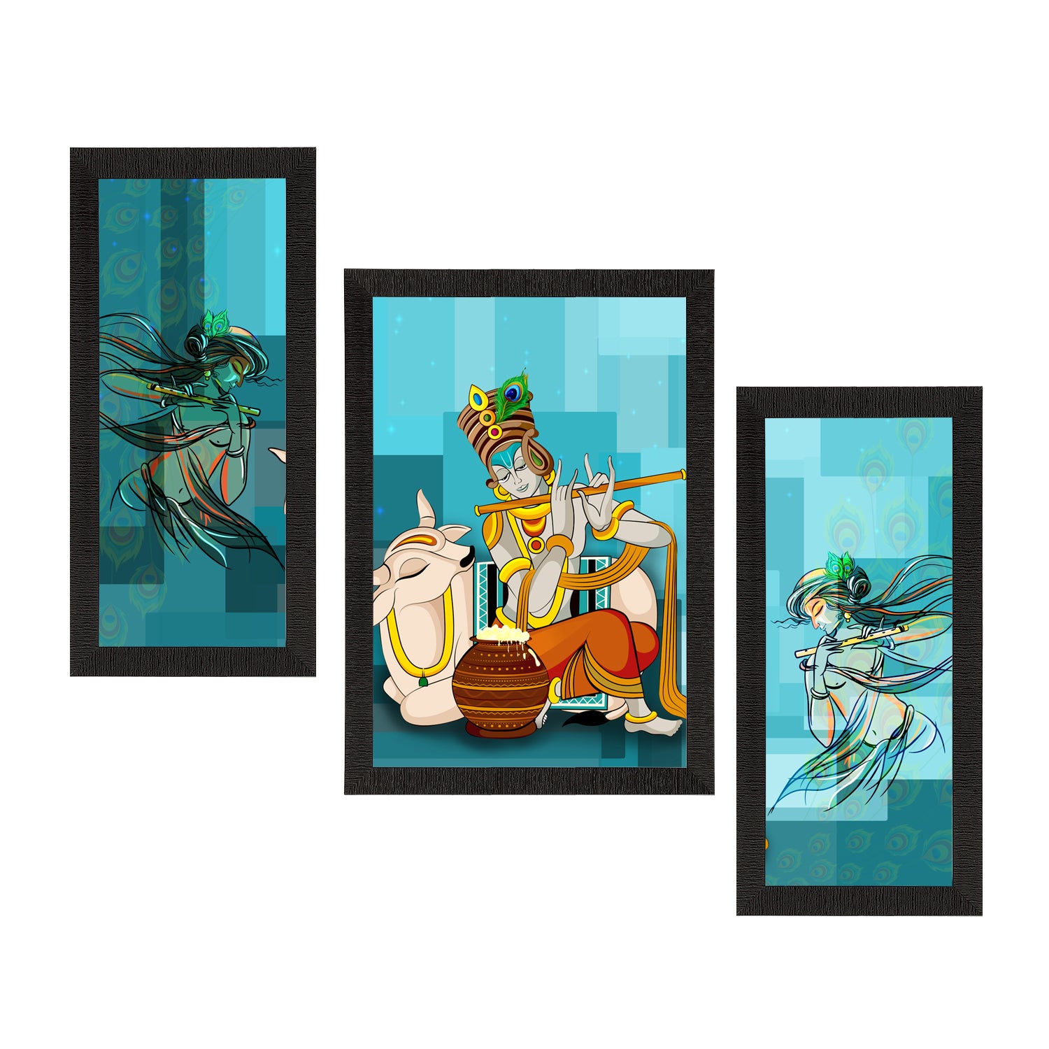 Set of 3 Lord Krishna Satin Matt Texture UV Art Painting