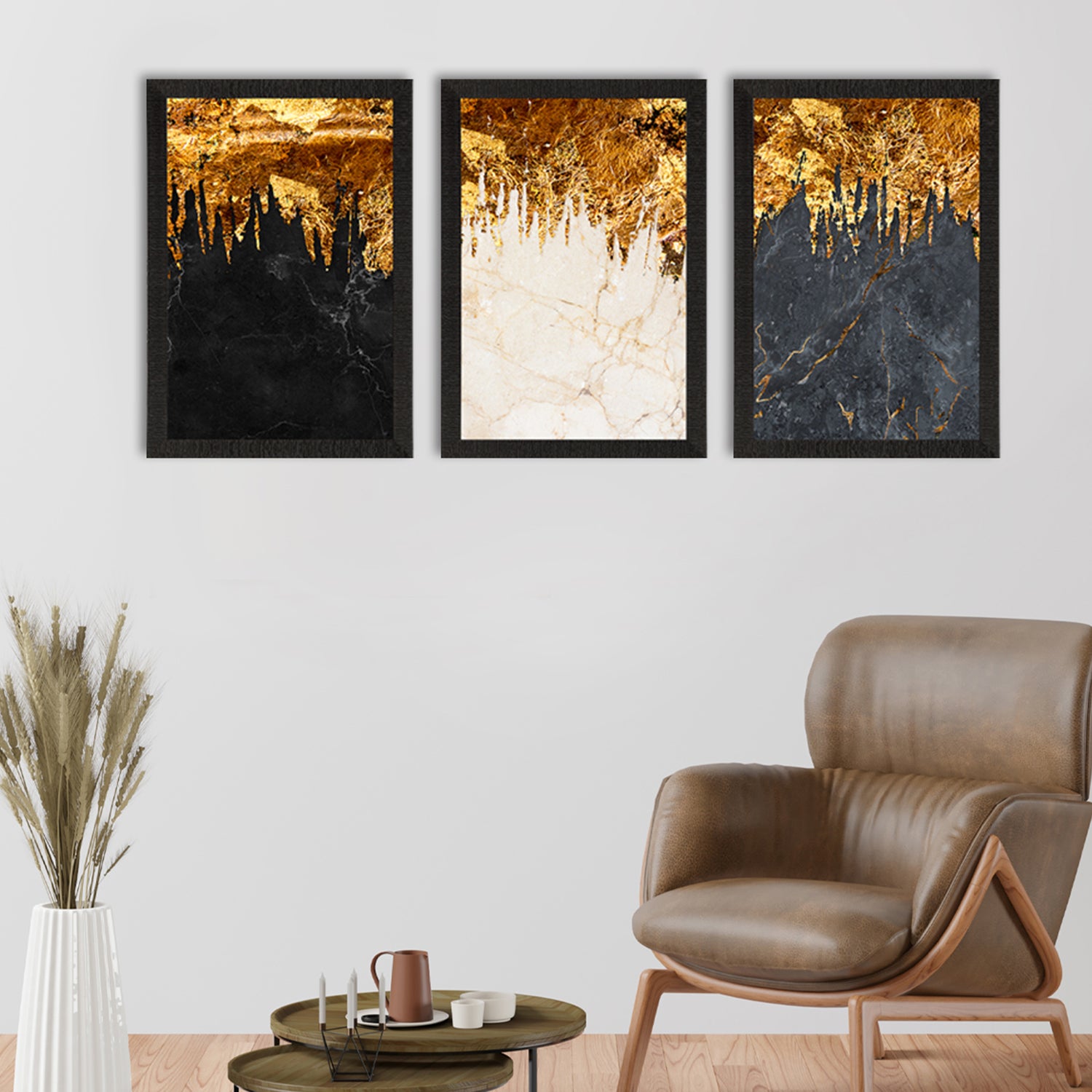 Marble Effect with Golden Set of 3 Satin Matt Texture UV Art Painting