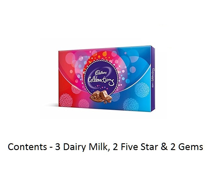 Designer Bhaiya Bhabhi Rakhi with Cadbury Celebrations Gift Pack of 7 Assorted Chocolates and Roli Tikka Matki, Best Wishes Greeting Card 1