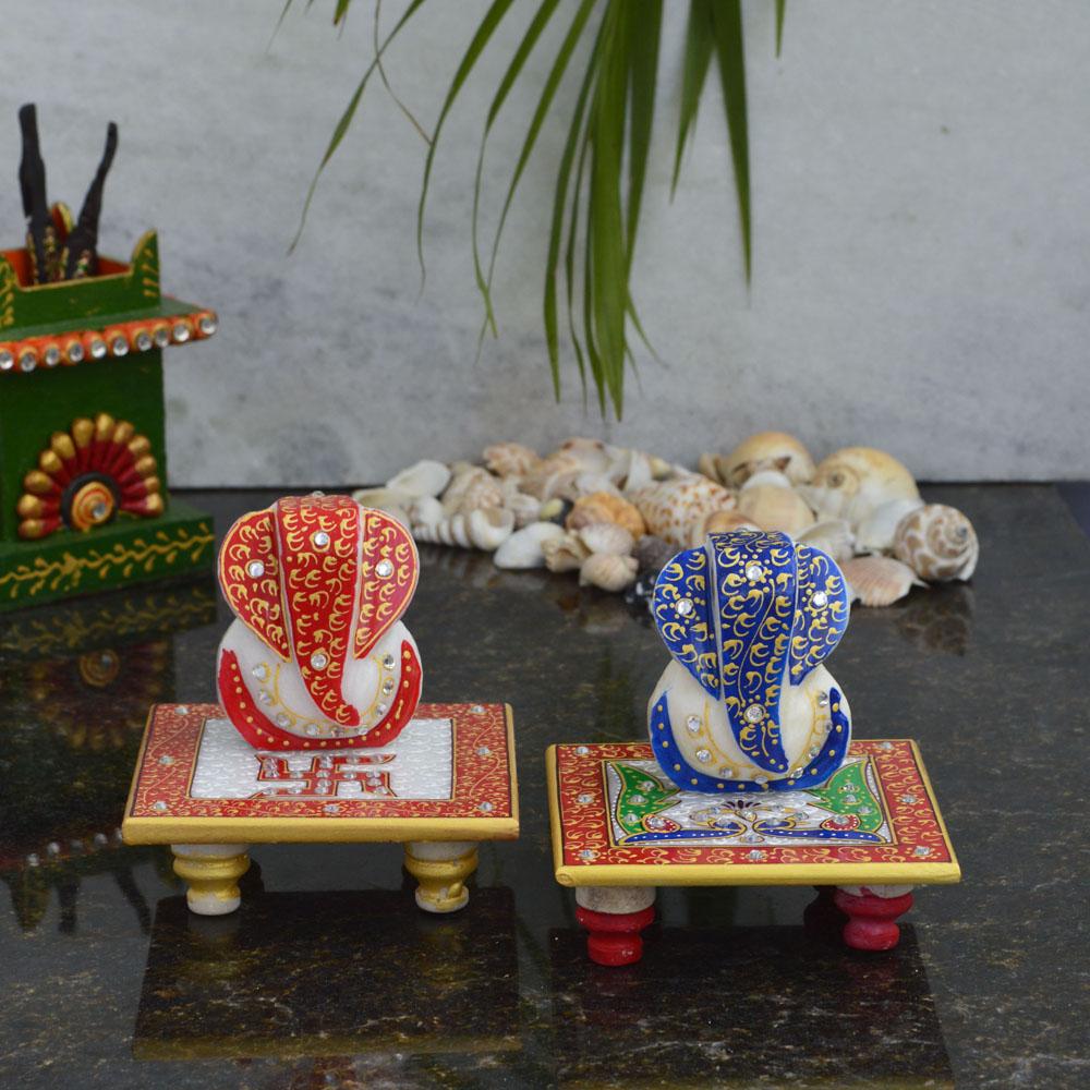 Combo of Lord Ganesha Marble Chowkis with Peacock and Swastik