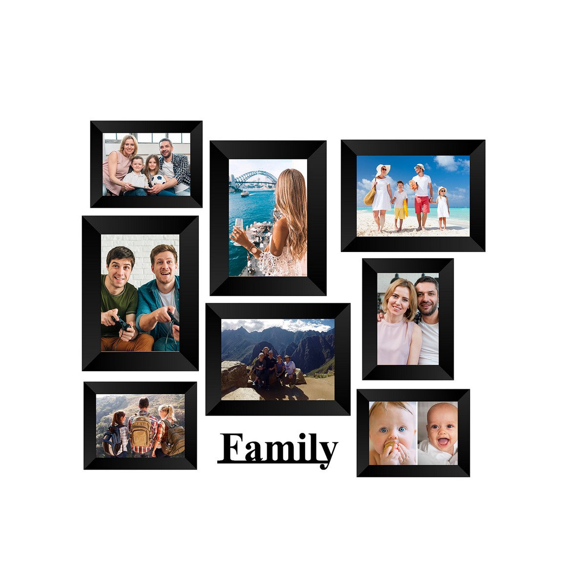 Memory Wall Collage Photo Frame - Set of 8 Photo Frames for 4 Photos of 4"x6", 4 Photos of 5"x7", 1 Piece of FAMILY