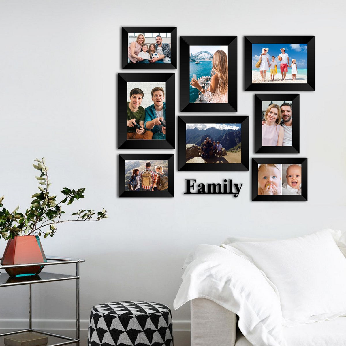 Memory Wall Collage Photo Frame - Set of 8 Photo Frames for 4 Photos of 4"x6", 4 Photos of 5"x7", 1 Piece of FAMILY 2