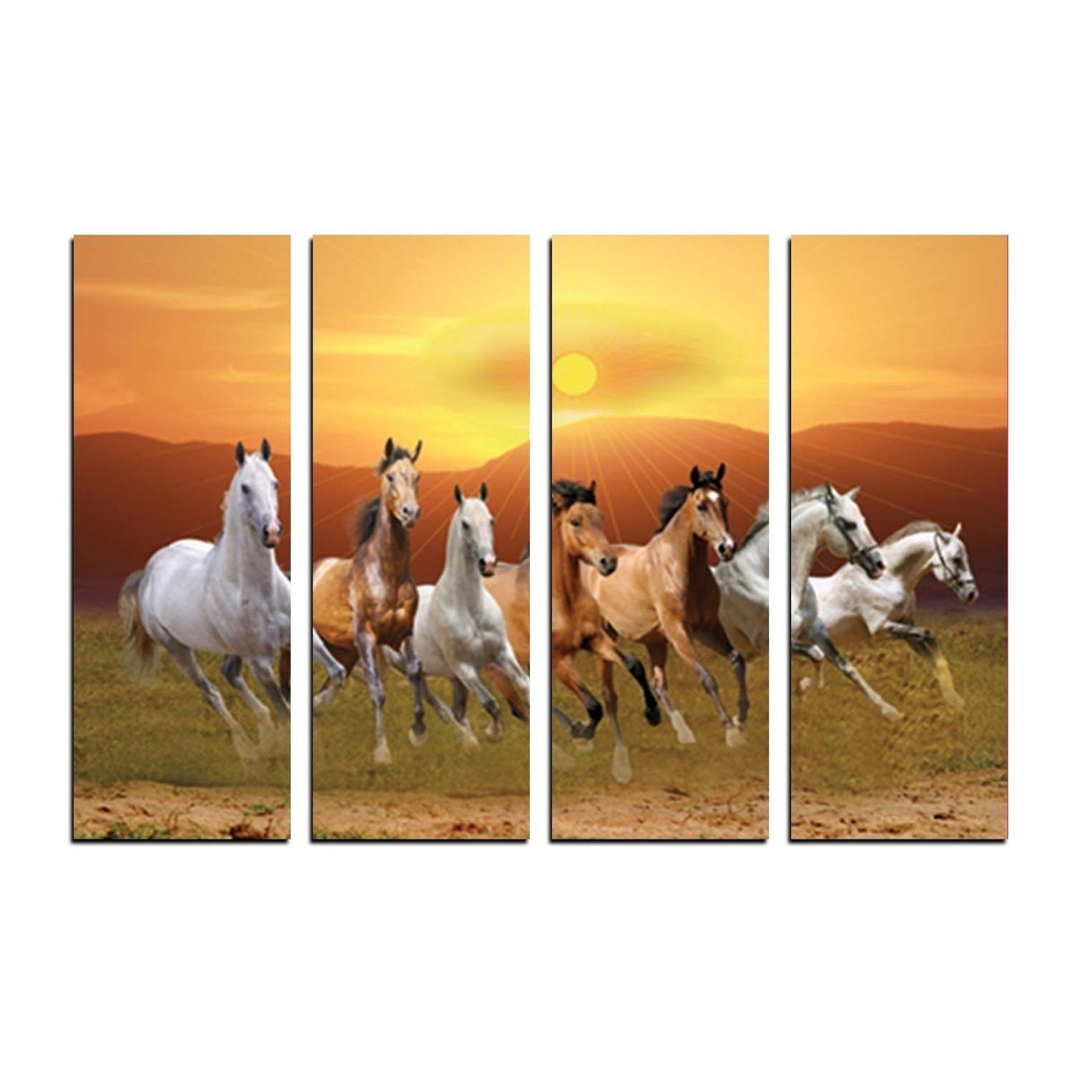 4 Panel Lucky 7 Running Horses Premium Canvas Painting - eCraftIndia Online