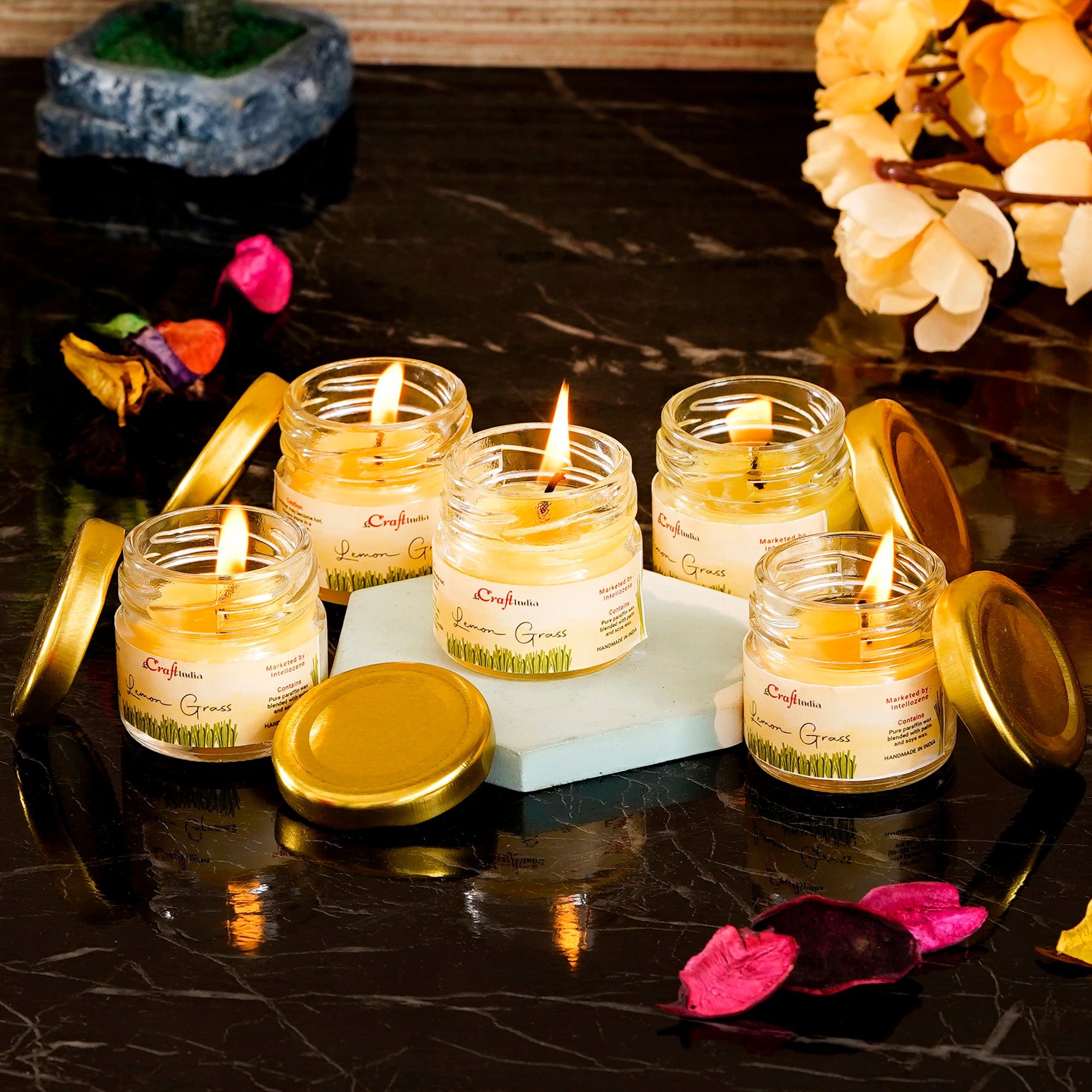 Set Of 5 Mini Jar Lemon Grass Scented Candles