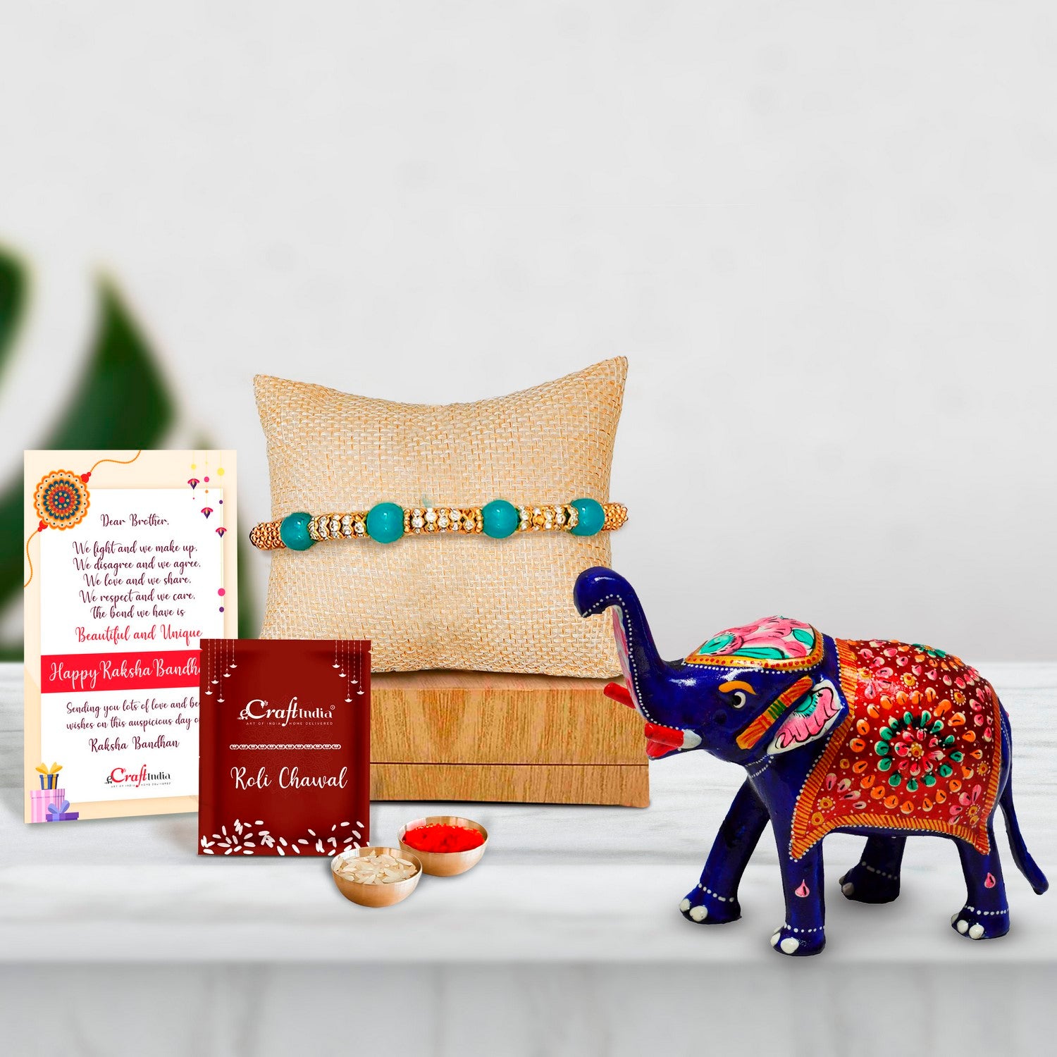 Designer Pearl Rakhi with Meenakari Delightful Elephant and Roli Chawal Pack, Best Wishes Greeting Card