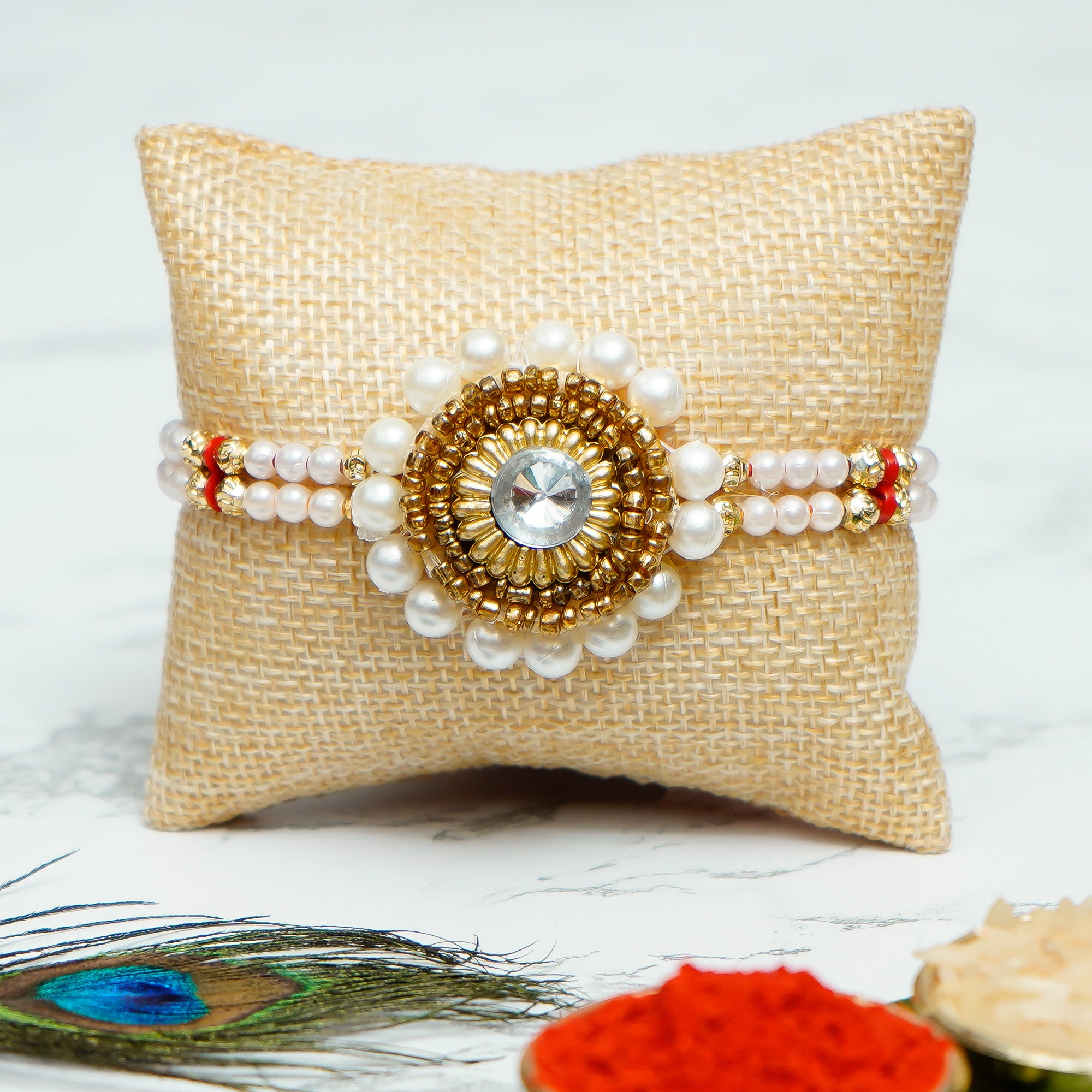 Designer Handcrafted Stone Pearl Rakhi with Meenakari Delightful Elephant and Roli Chawal Pack, Best Wishes Greeting Card 1