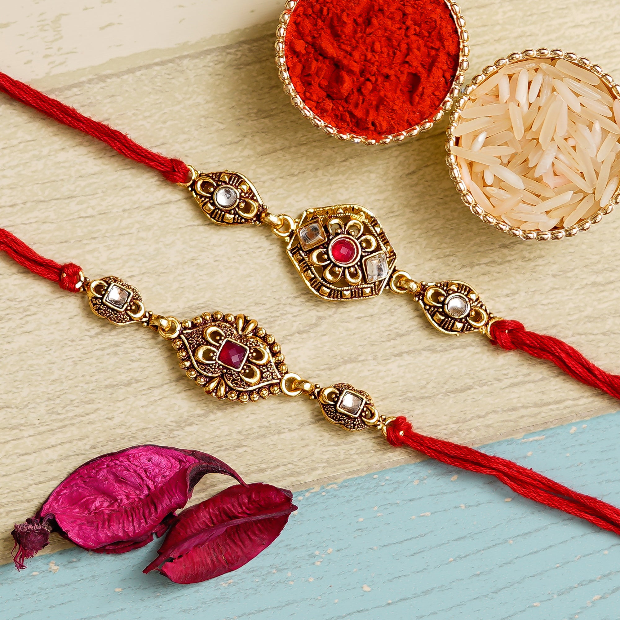 Pack of 2 Designer Rakhis and Roli Chawal Pack