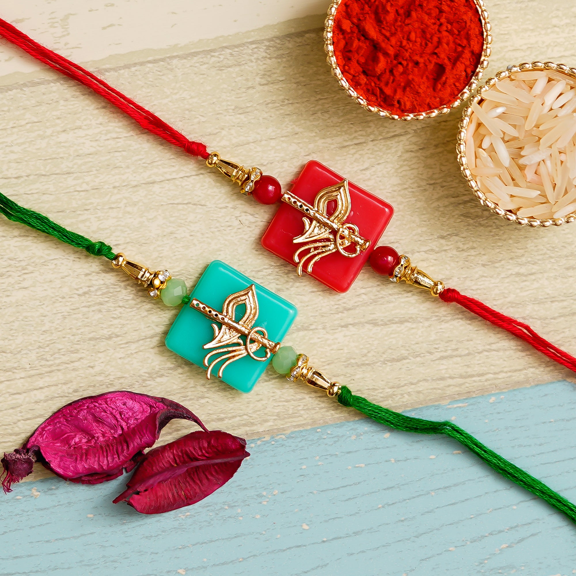 Pack of 2 Designer Rakhis and Roli Chawal Pack 1