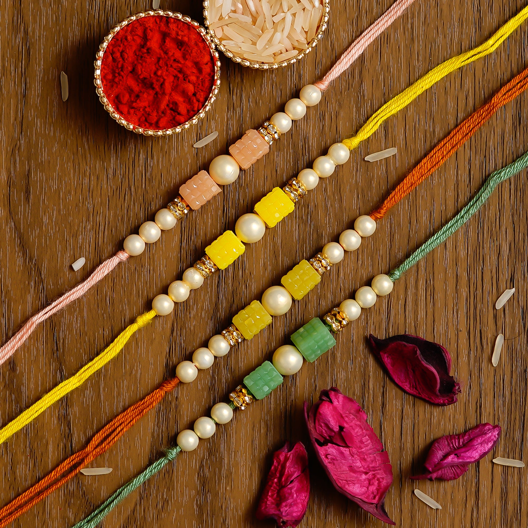 Pack of 4 Designer Rakhis and Roli Chawal Pack 1