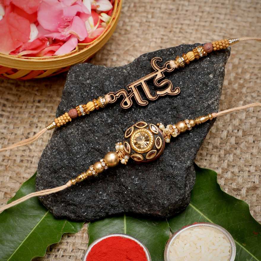 eCraftIndia Set of 2 Golden "Bhai" Word and Pearls Diamonds Designer Rakhis with Roli Chawal Pack