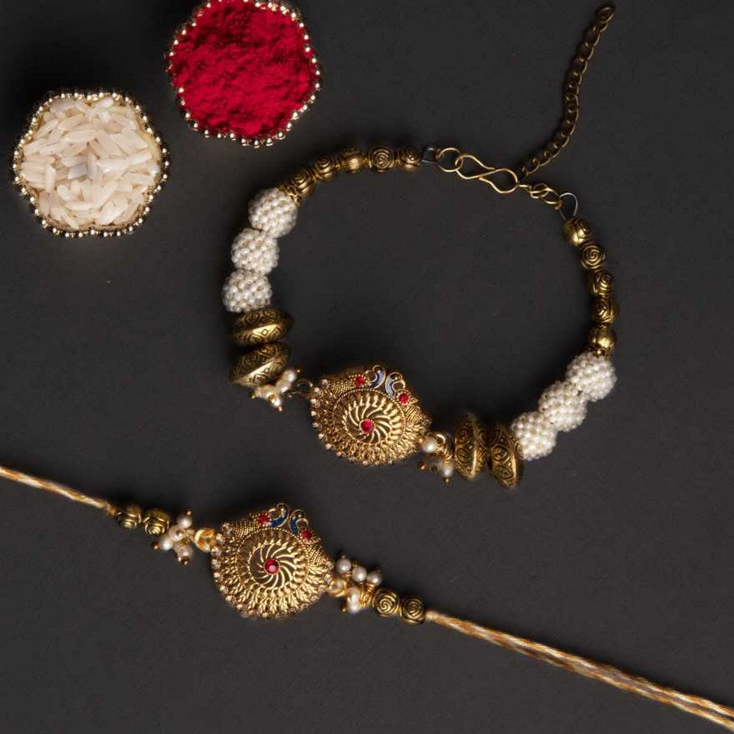 eCraftIndia Golden & White Bhaiya Bhabhi Rakhi Set 1