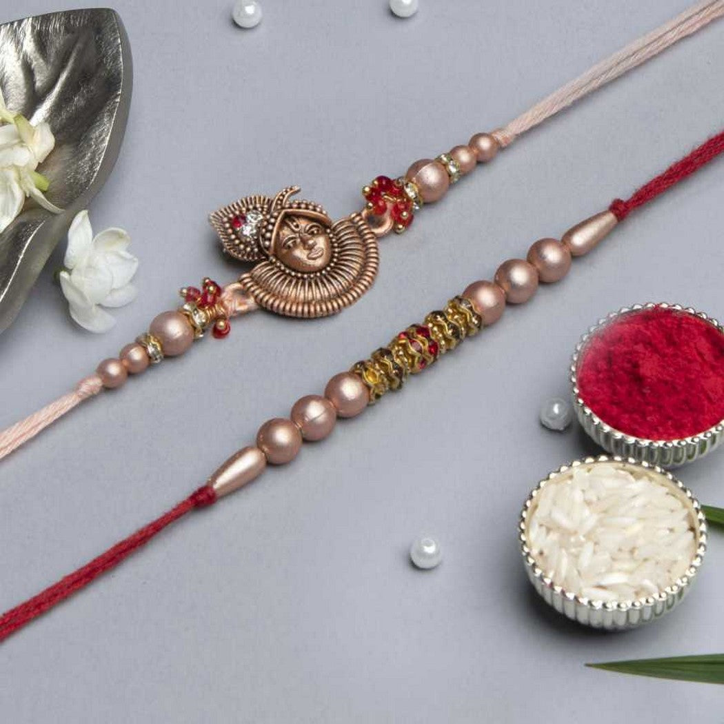 eCraftIndia Golden & Red Set of 2 Religious Pearl Rakhis