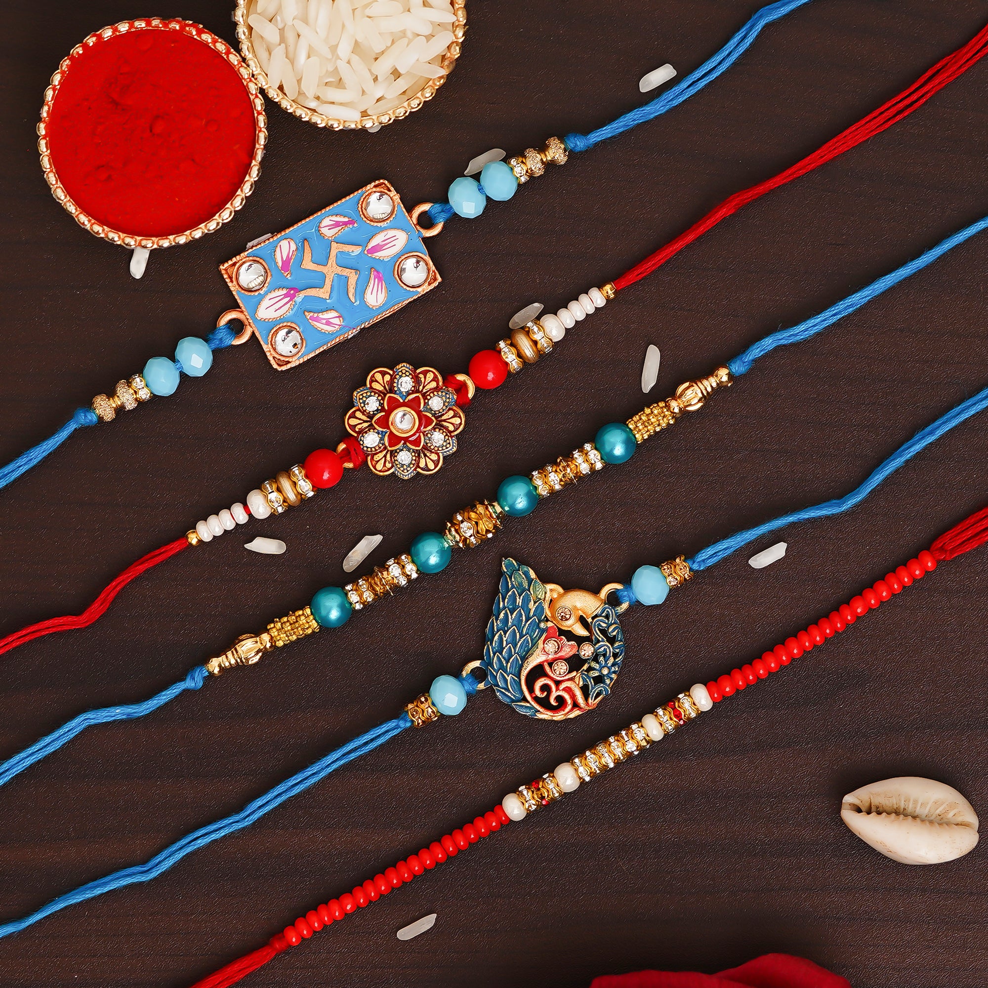 Multicolor Designer Pack of 5 Rakhis and Roli Chawal Pack