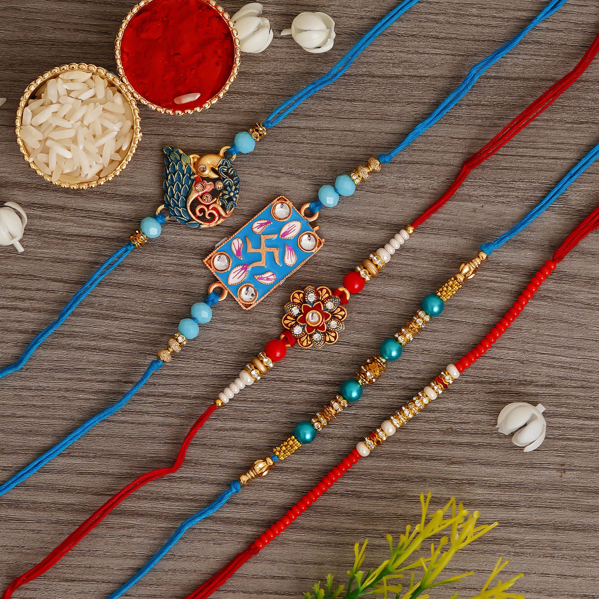 Multicolor Designer Pack of 5 Rakhis and Roli Chawal Pack 1