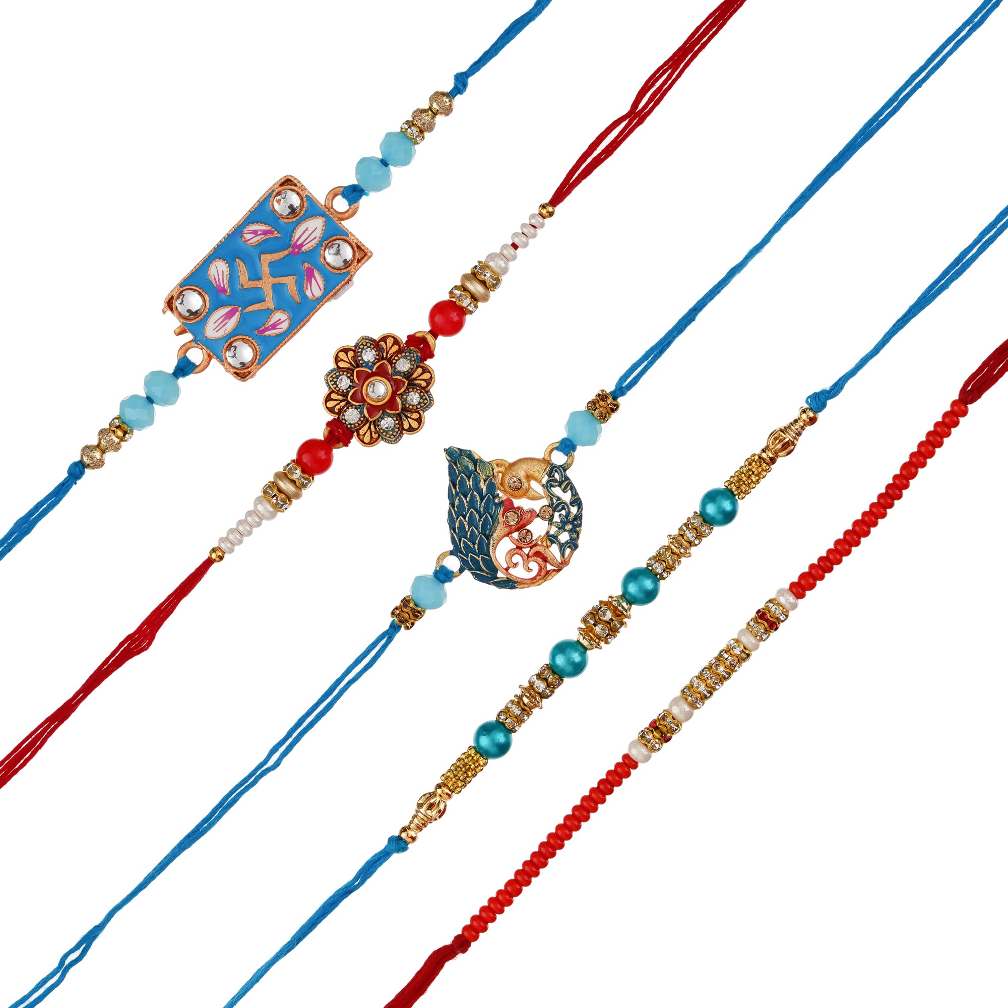 Multicolor Designer Pack of 5 Rakhis and Roli Chawal Pack 2