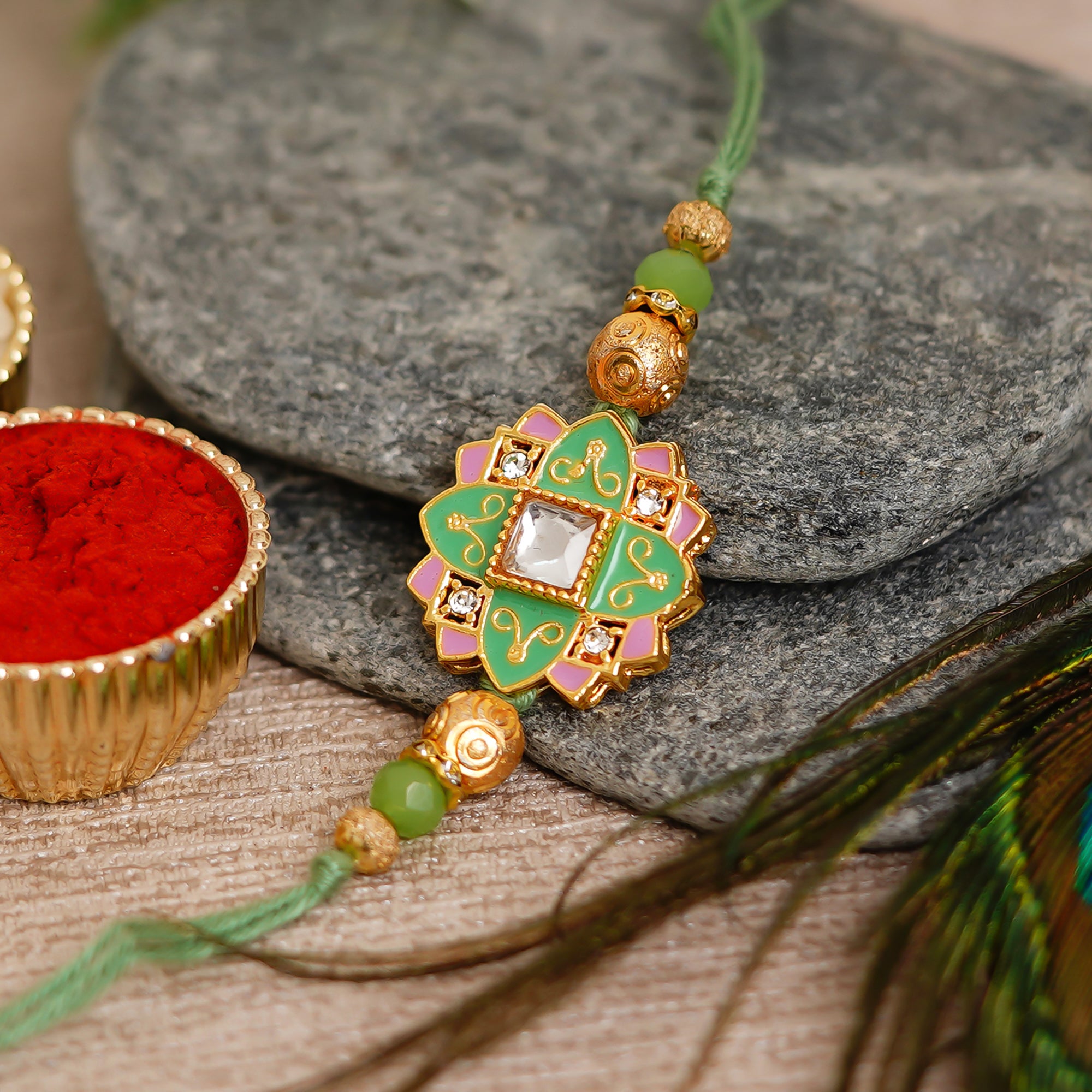 Green & Pink Meenakari Rakhi  and Roli Chawal Pack