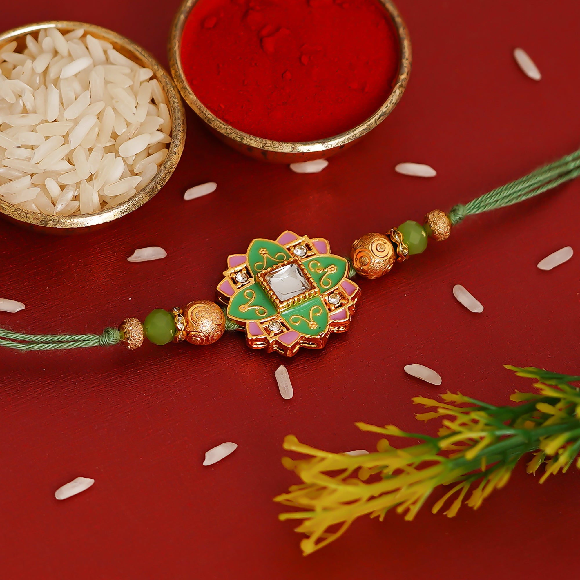 Green & Pink Meenakari Rakhi  and Roli Chawal Pack 1