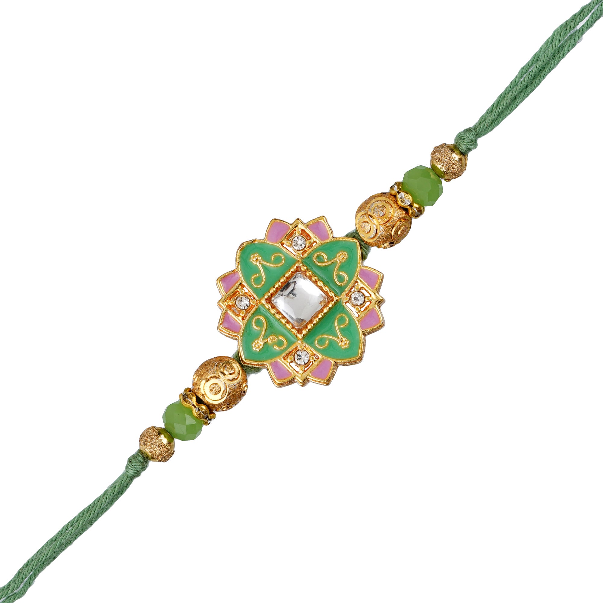 Green & Pink Meenakari Rakhi  and Roli Chawal Pack 2