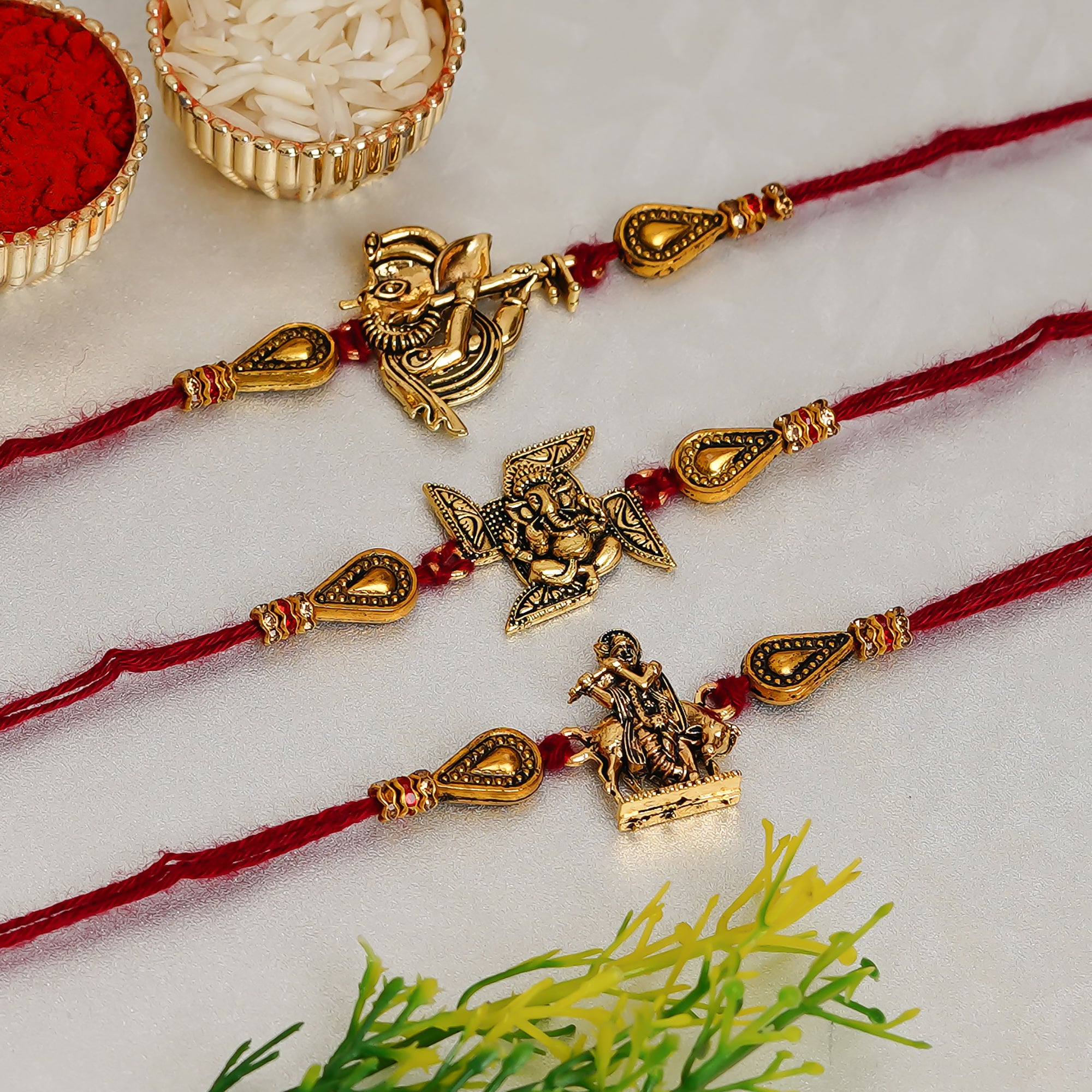 Red & Golden Pack of 3 Religious Rakhis and Roli Chawal Pack