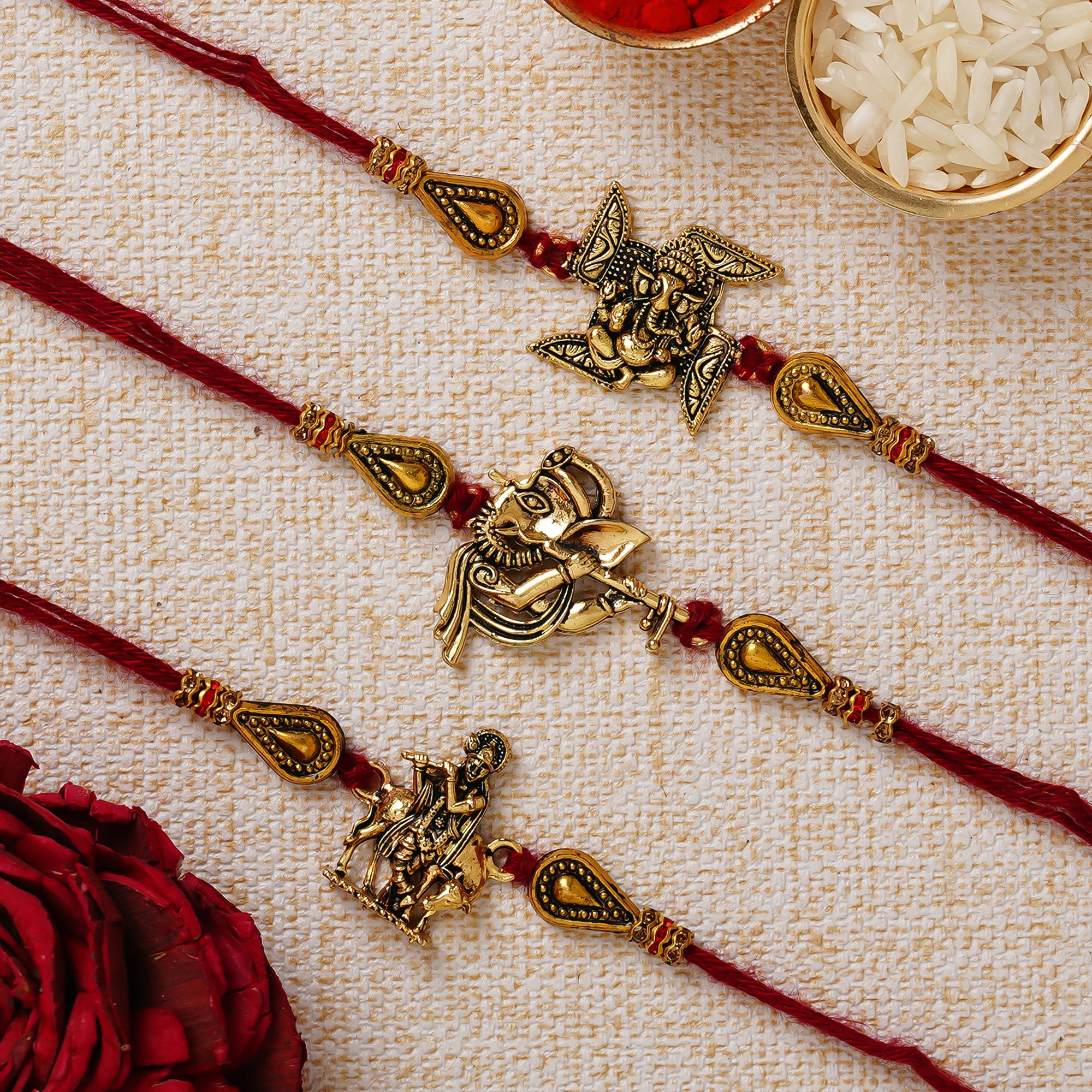 Red & Golden Pack of 3 Religious Rakhis and Roli Chawal Pack 1