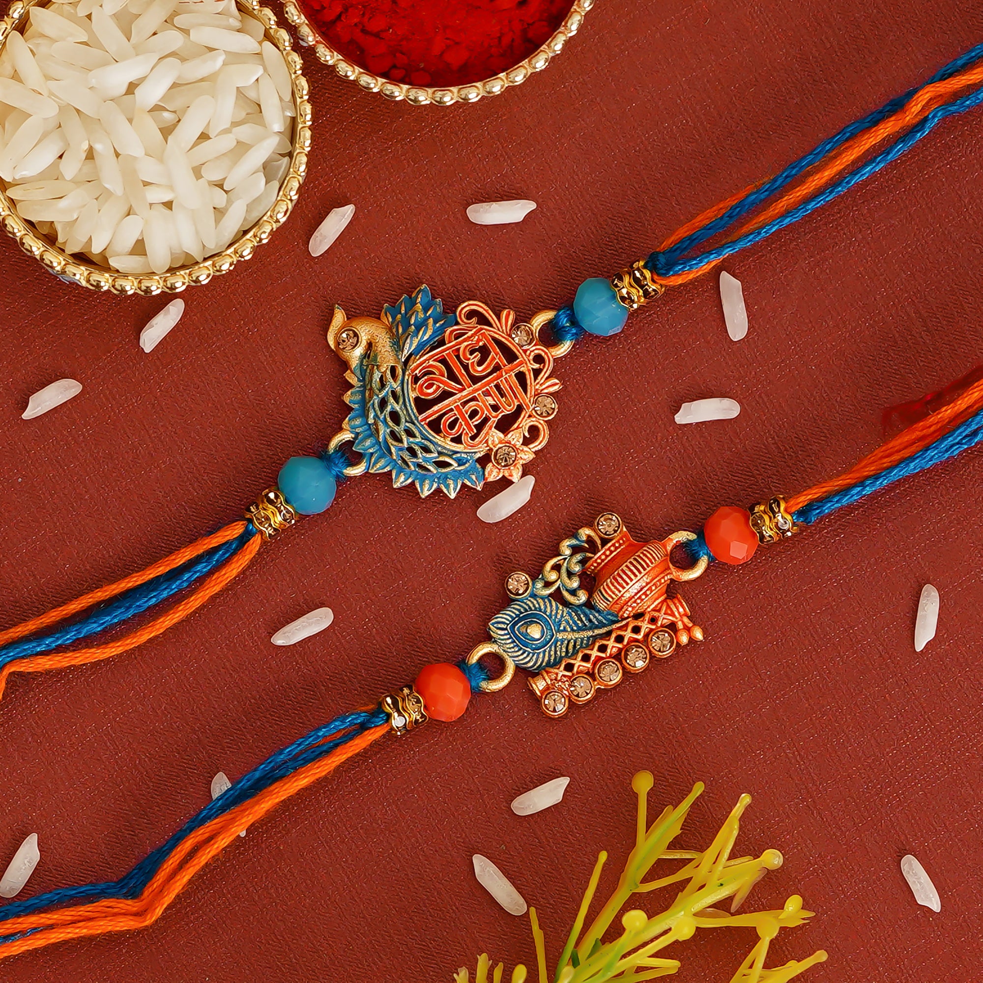 Blue & Orange Pack of 2 Religious Rakhis and Roli Chawal Pack 1