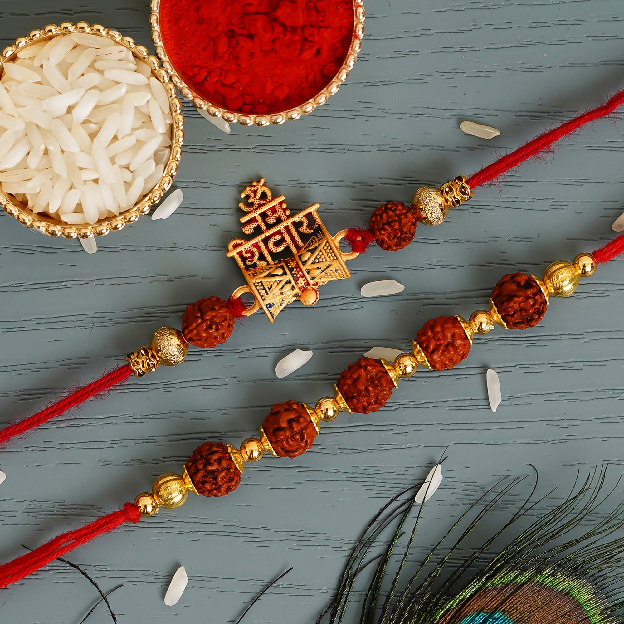 Pack of 2 Religious Rudraksh Rakhis and Roli Chawal Pack