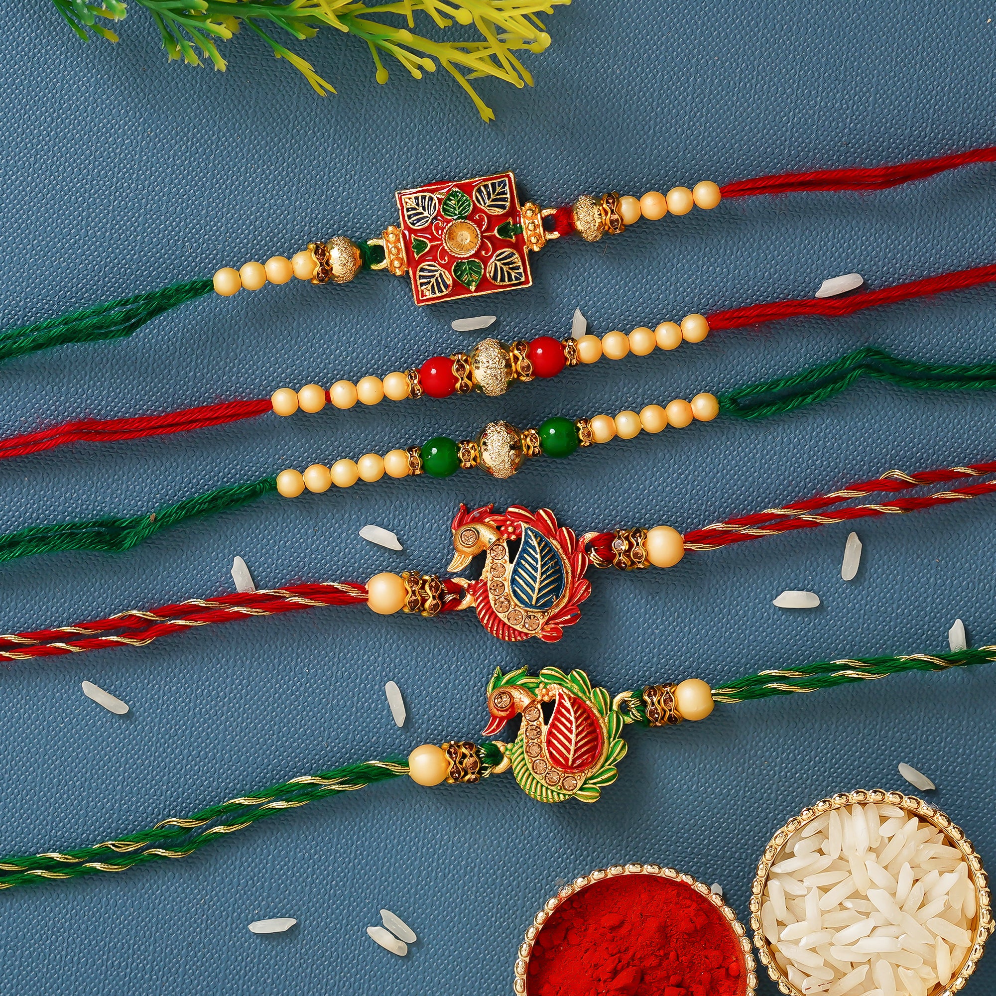 Green & Red Pack of 5 Meenakari Designer Rakhis and Roli Chawal Pack