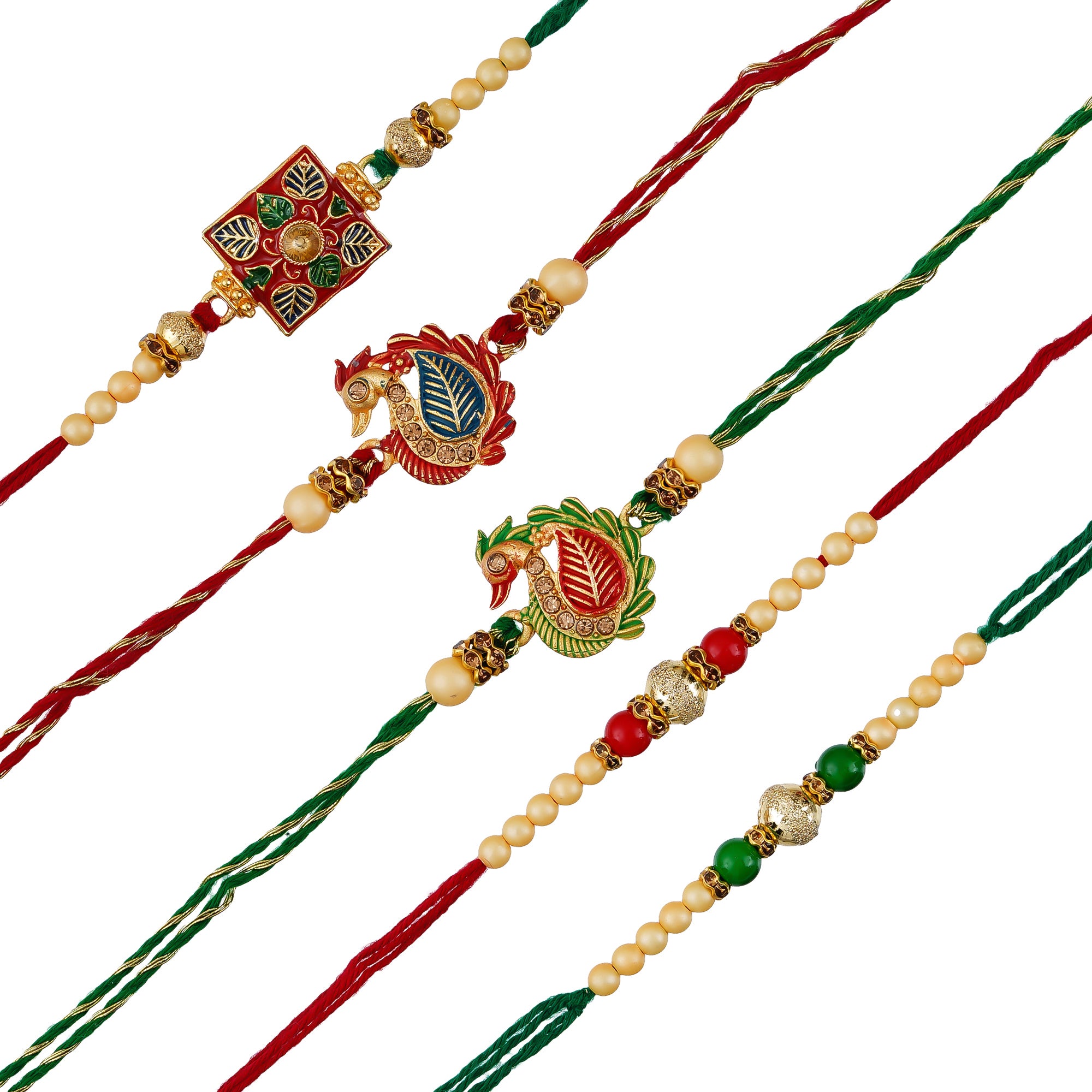 Green & Red Pack of 5 Meenakari Designer Rakhis and Roli Chawal Pack 2