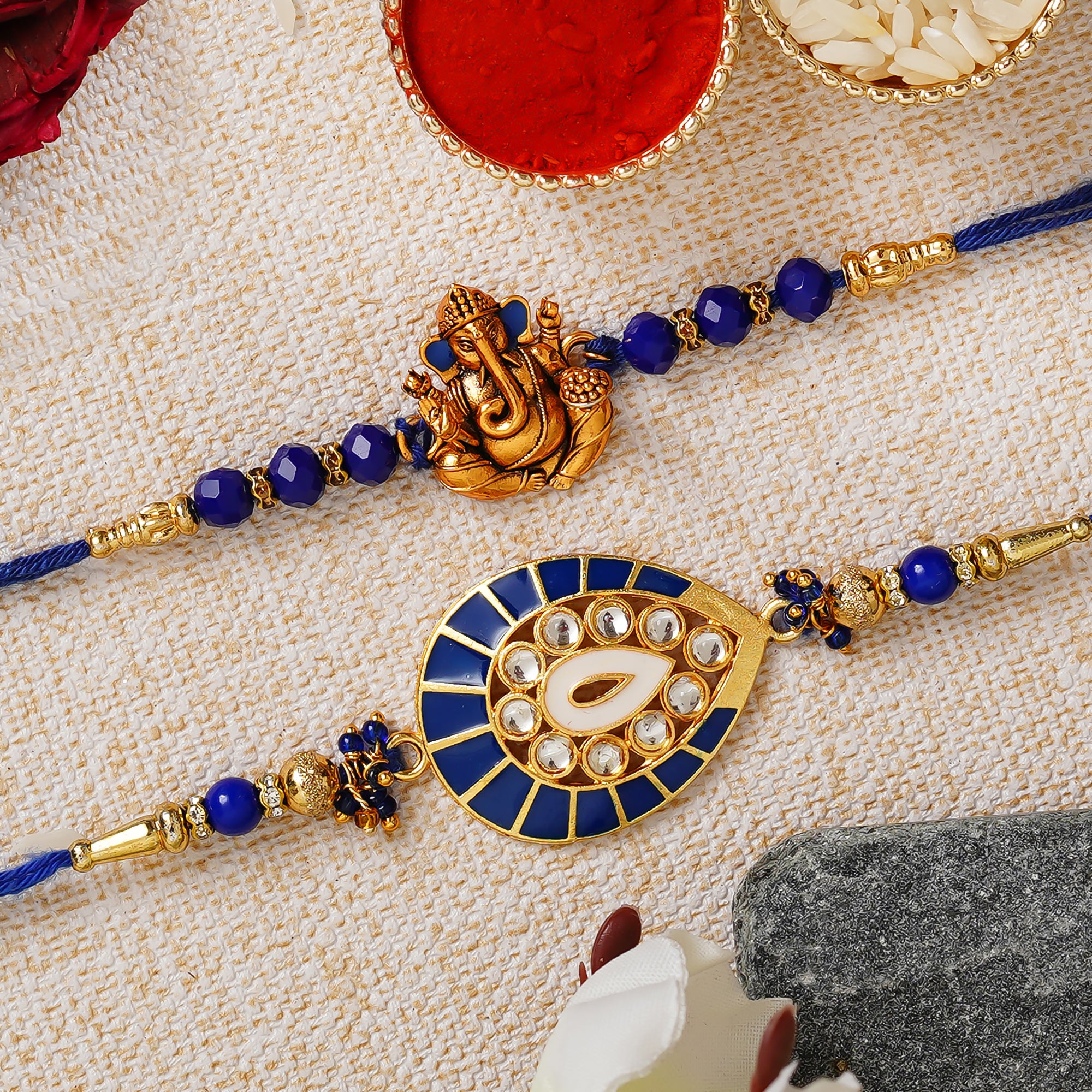 Blue Pack of 2 Designer Rakhis and Roli Chawal Pack 1