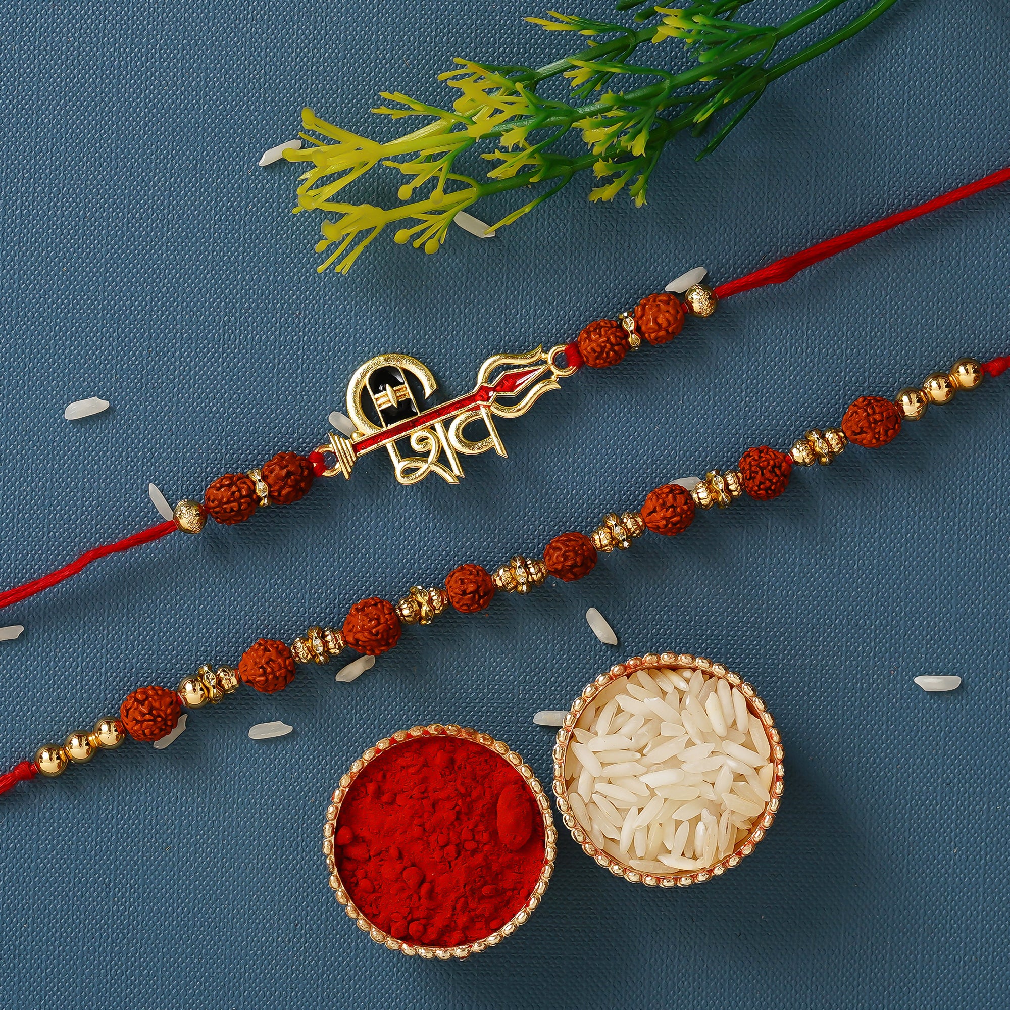 Pack of 2 Shiva & Rudraksh Rakhis and Roli Chawal Pack