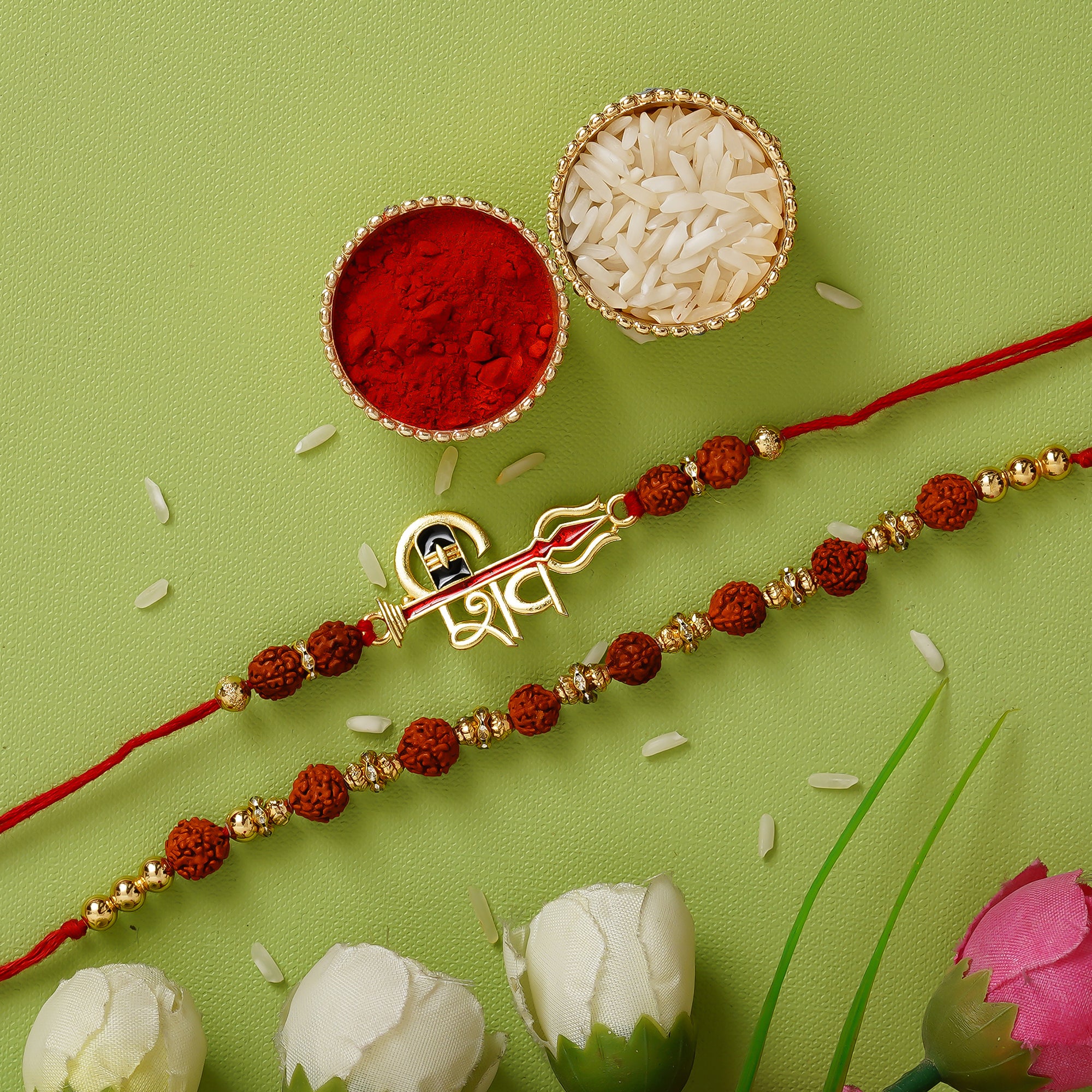 Pack of 2 Shiva & Rudraksh Rakhis and Roli Chawal Pack 1