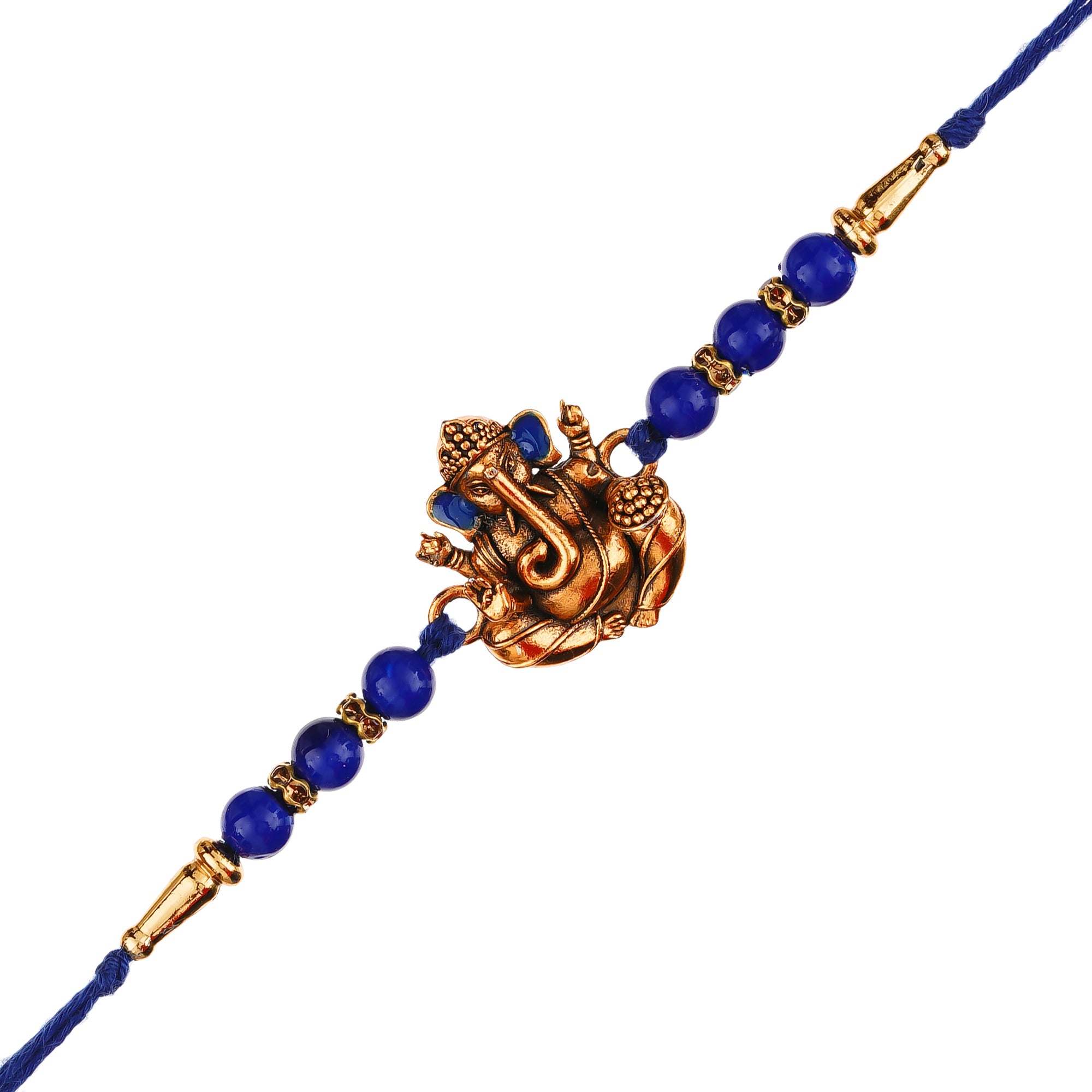 Golden Lord Ganesha Blue Pearl Rakhi and Roli Chawal Pack 2