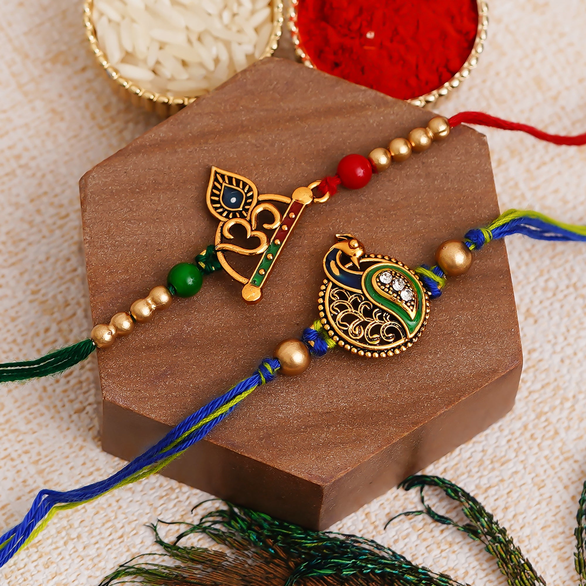 Blue & Green Pack of 2 Designer Rakhis and Roli Chawal Pack