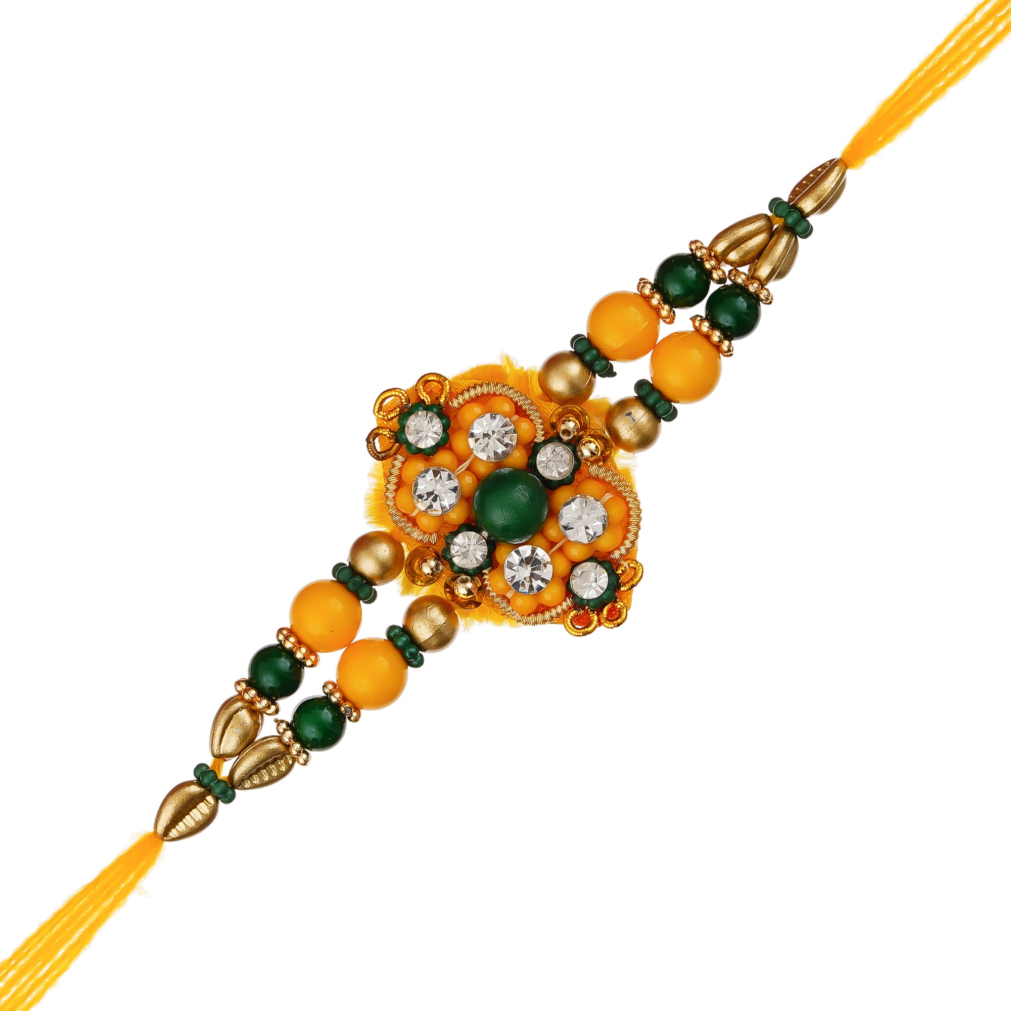 Yellow & Green Designer Rakhi and Roli Chawal Pack 2