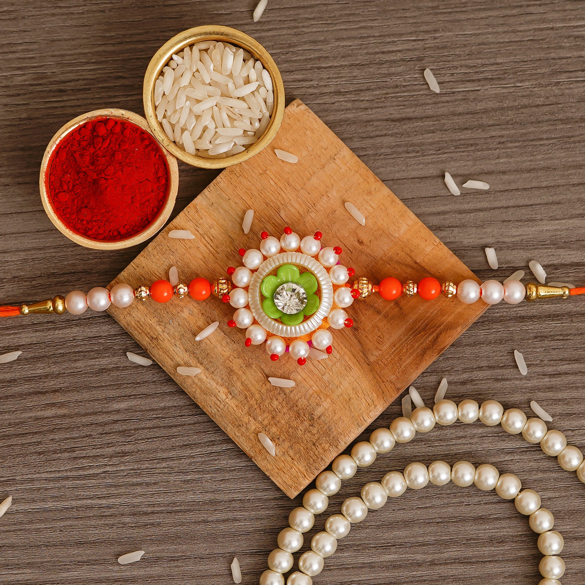 Green, Red & White Floral Rakhi  and Roli Chawal Pack 1