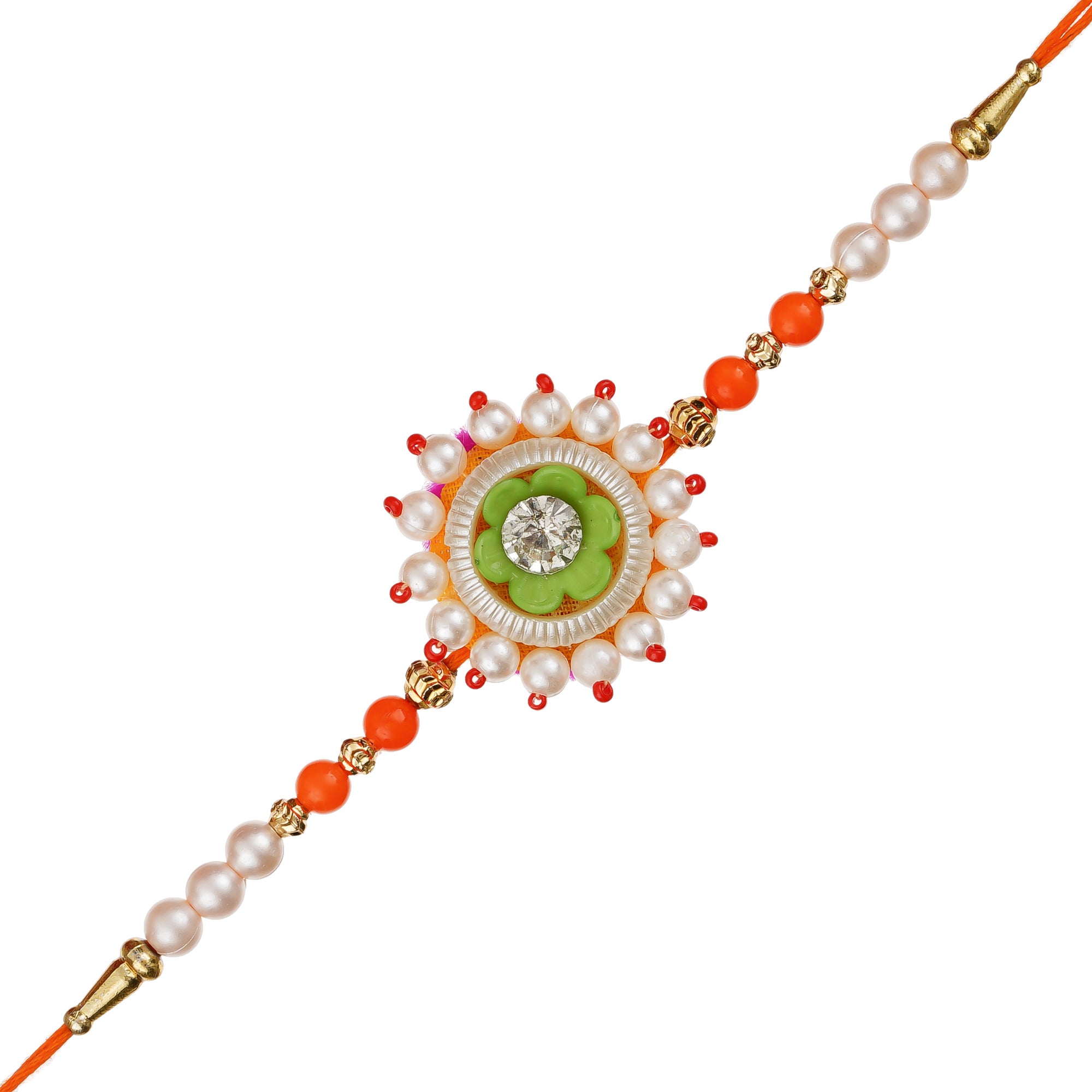 Green, Red & White Floral Rakhi  and Roli Chawal Pack 2