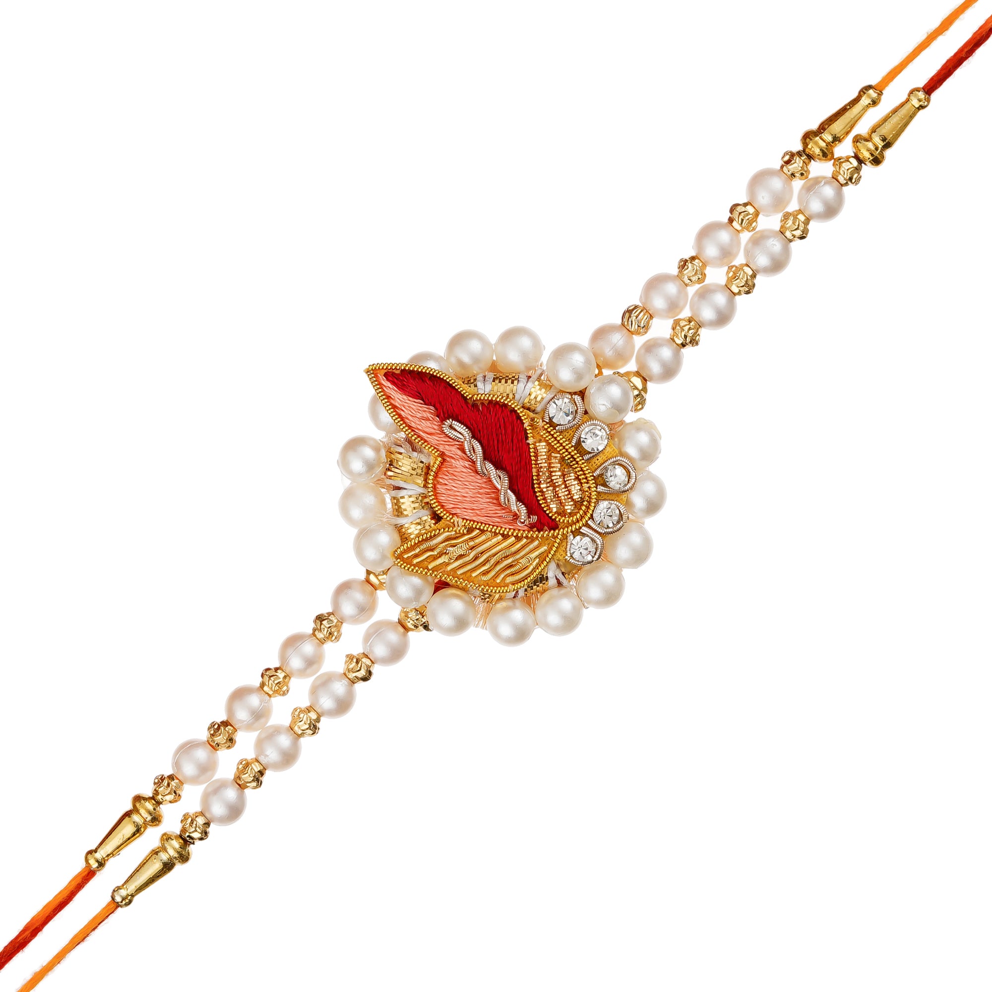 Peach & Red Designer Pearl Rakhi and Roli Chawal Pack 2