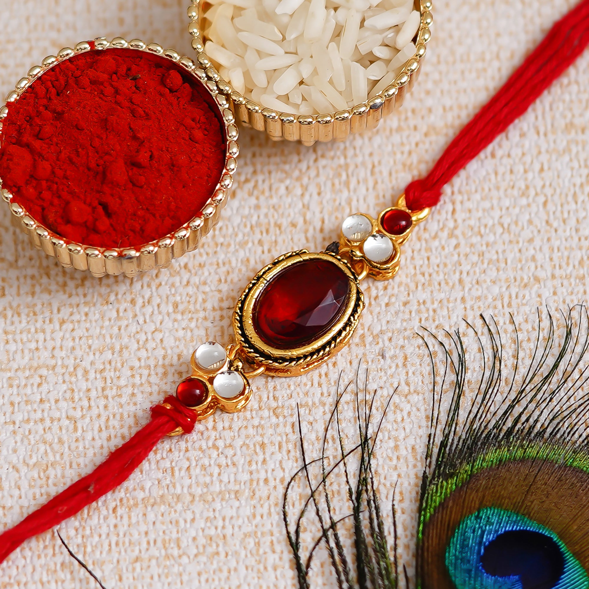 Red Kundan Stone Rakhi and Roli Chawal Pack