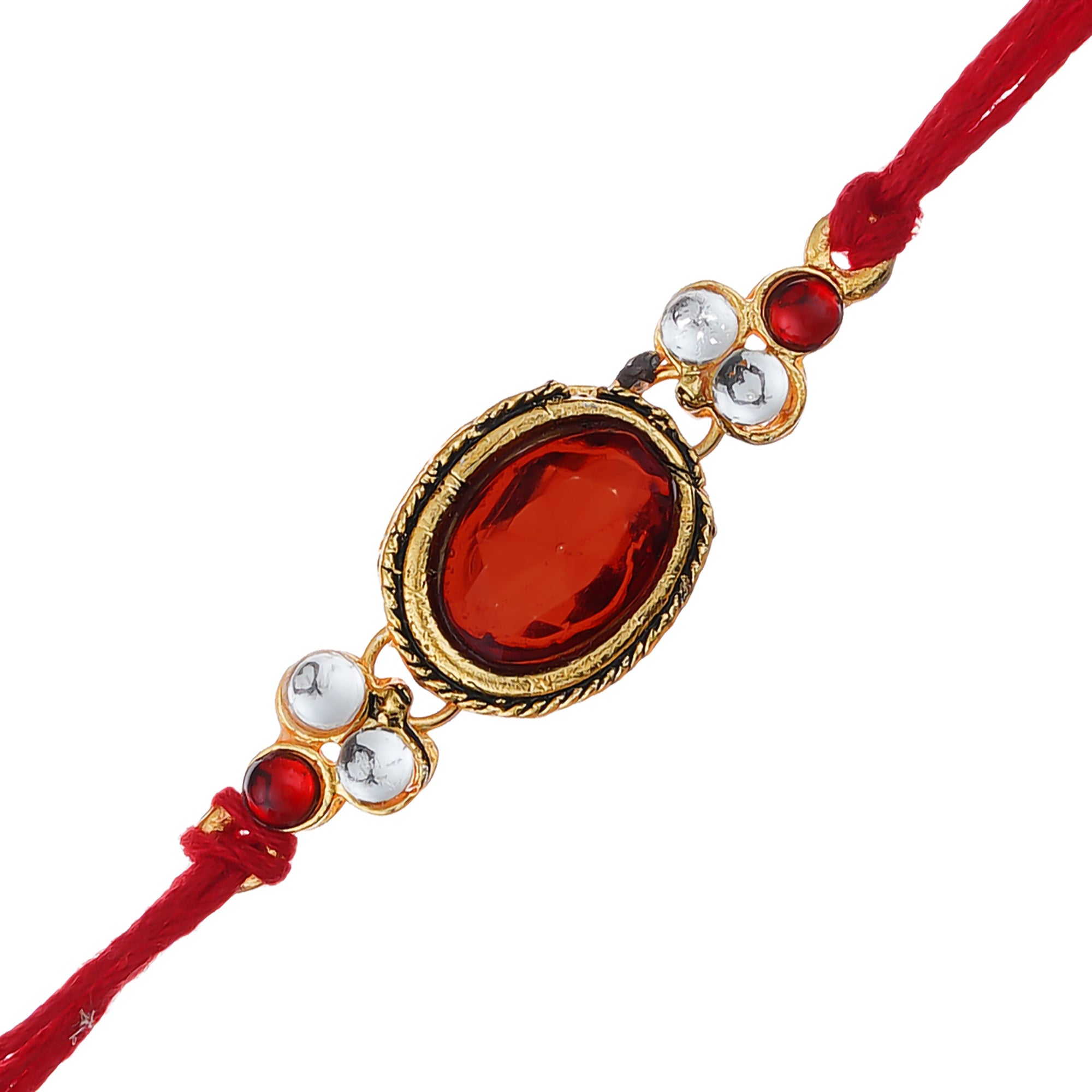 Red Kundan Stone Rakhi and Roli Chawal Pack 2