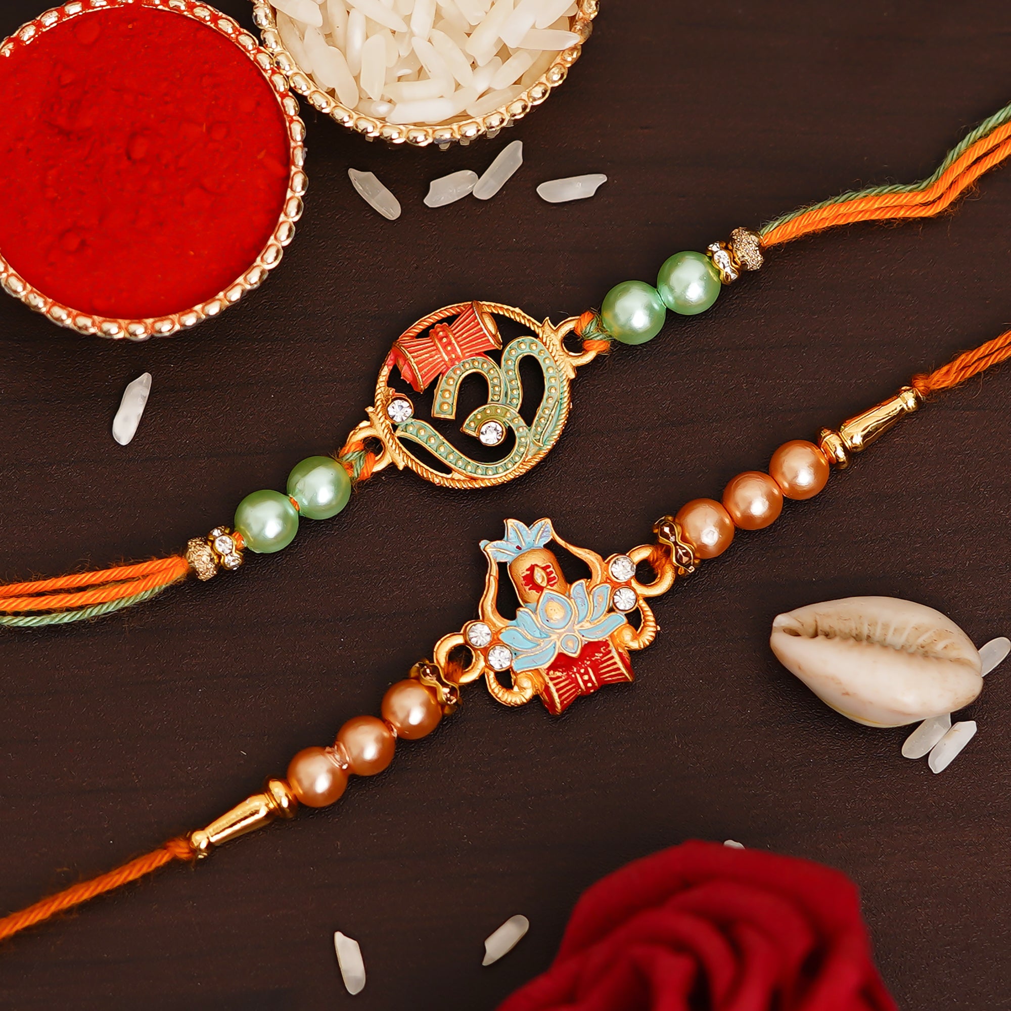 Multicolor Pack of 2 Designer Rakhis and Roli Chawal Pack