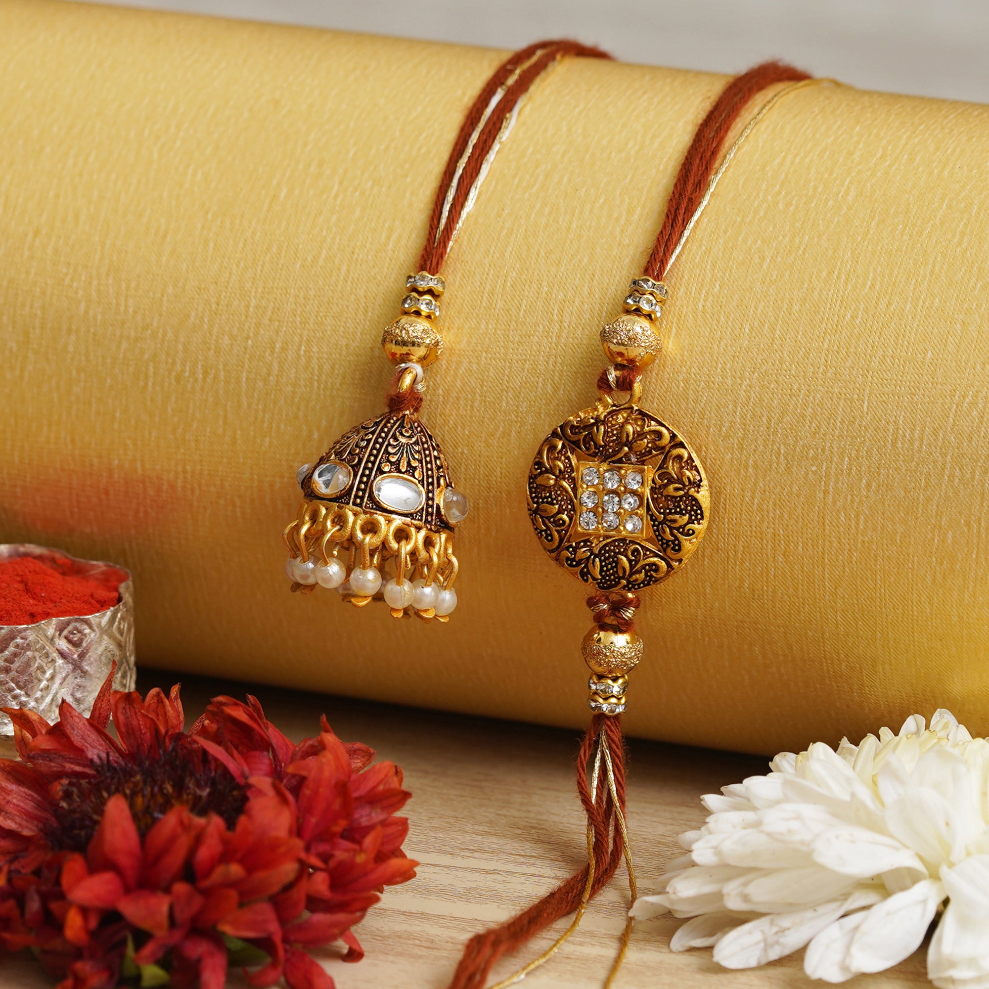 eCraftIndia Brown & Golden Bhaiya Bhabhi Rakhi Set with Roli Chawal Pack