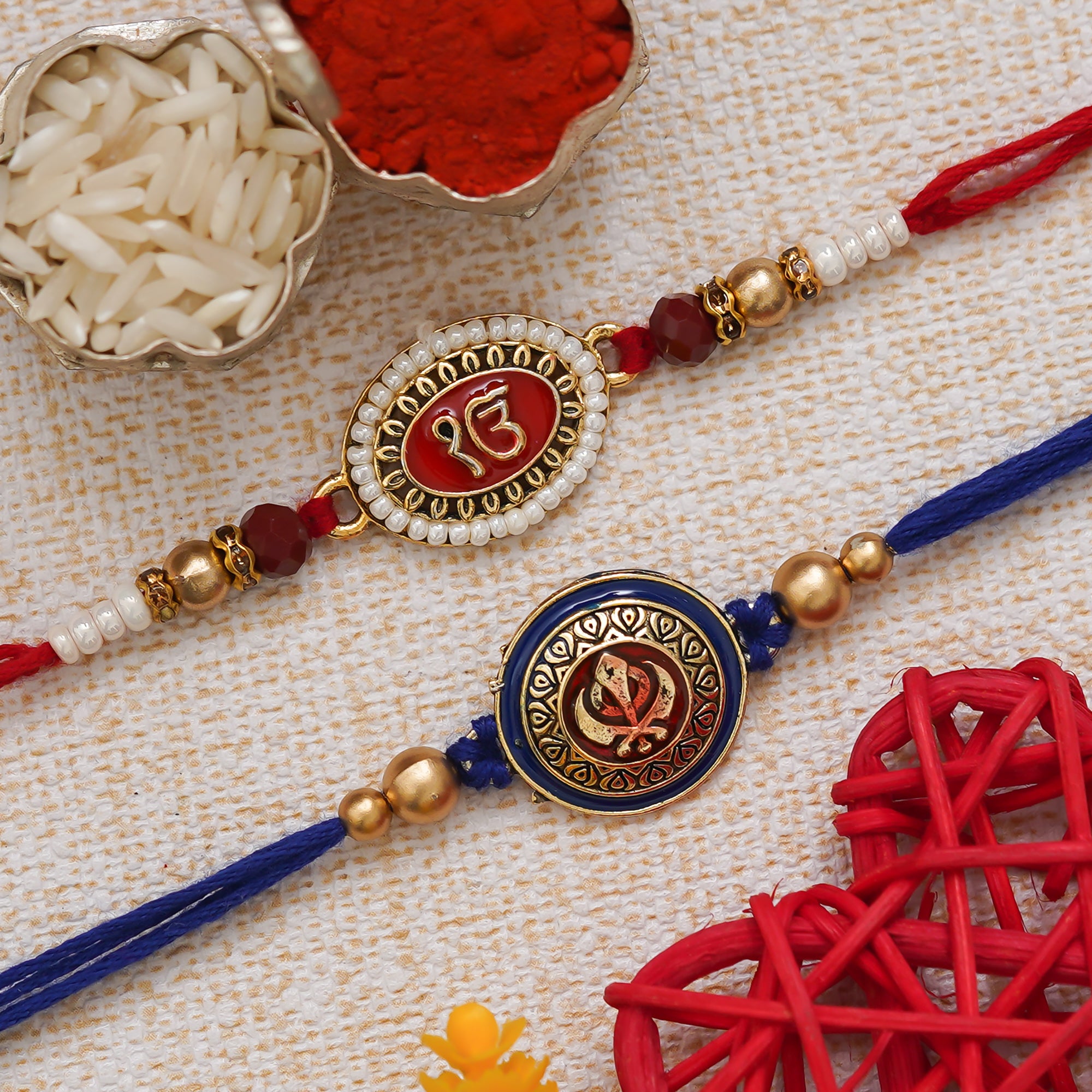 eCraftIndia Set of 2 Ik Onkar and Khanda Sikh Symbols Religious Rakhis with Roli Chawal Pack