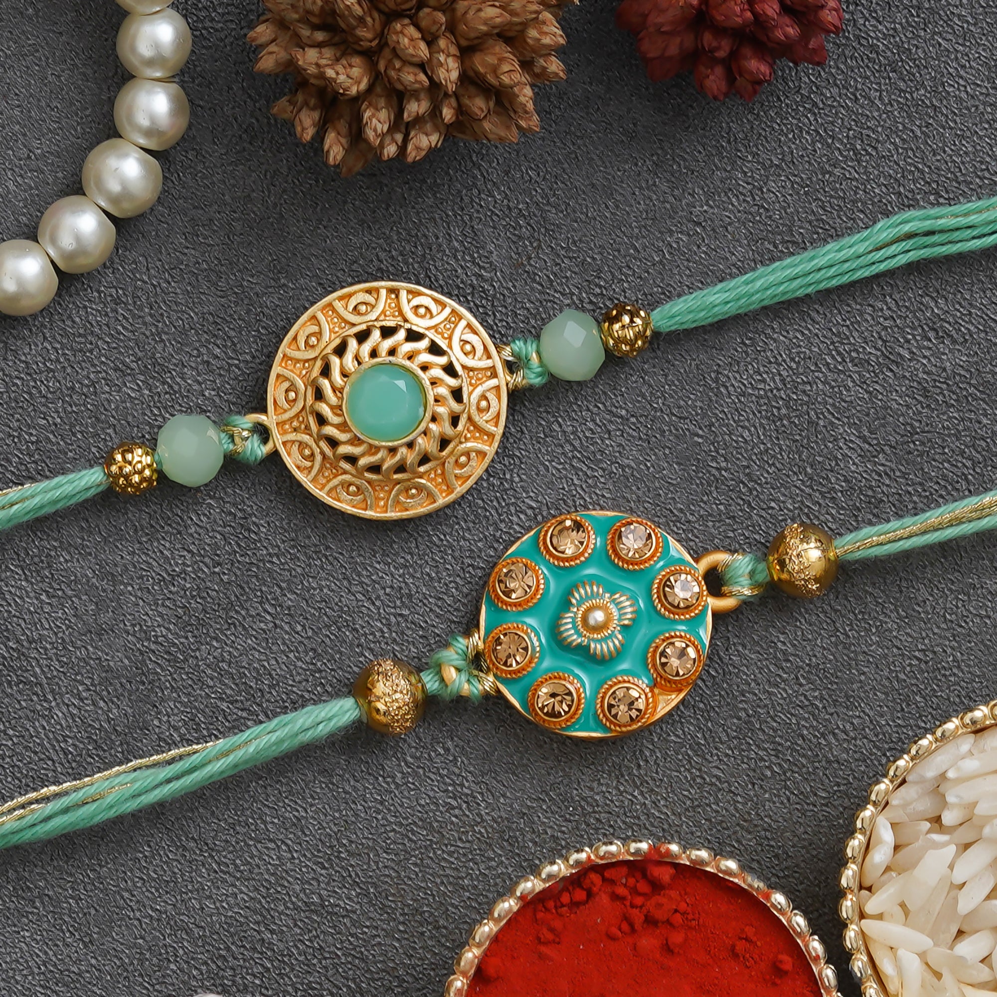 eCraftIndia Light Blue & Golden Set of 2 Premium Designer Rakhis with Roli Chawal Pack