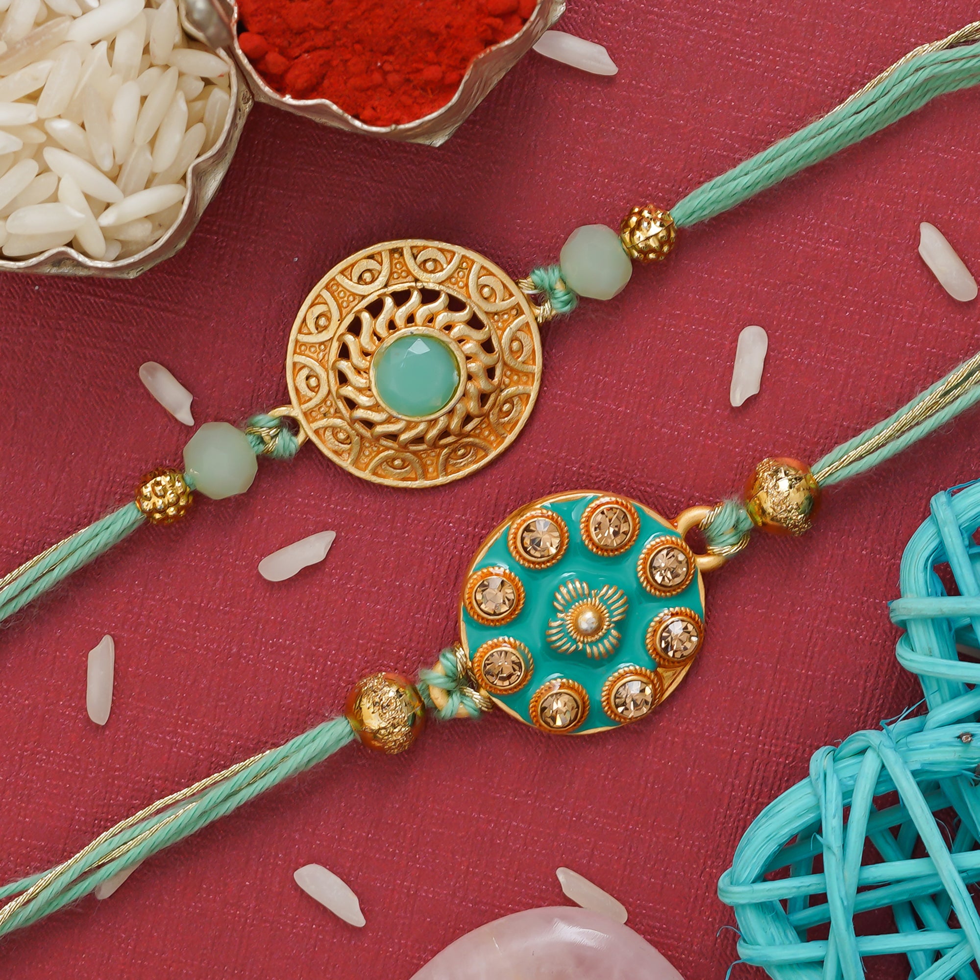 eCraftIndia Light Blue & Golden Set of 2 Premium Designer Rakhis with Roli Chawal Pack 1