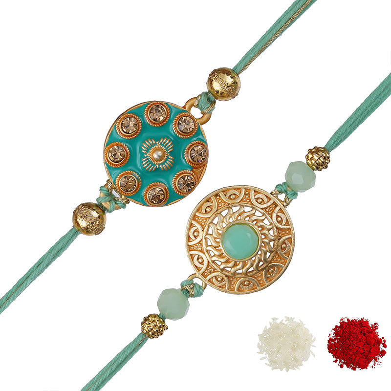 eCraftIndia Light Blue & Golden Set of 2 Premium Designer Rakhis with Roli Chawal Pack 2