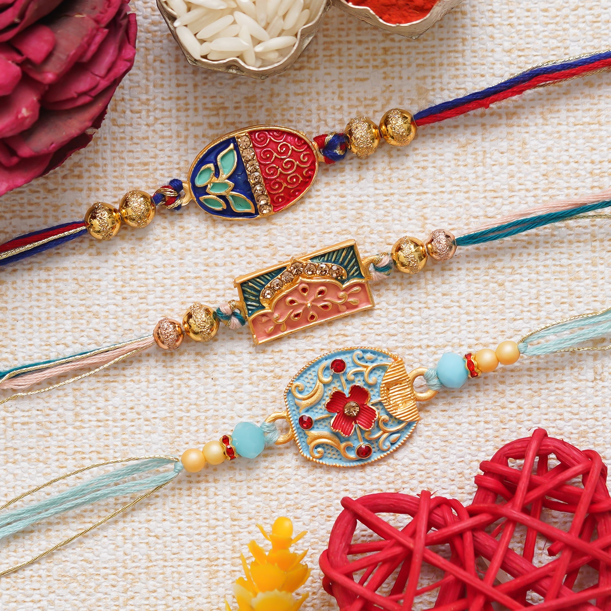 eCraftIndia Multicolor Set of 3 Semi Precious Designer Rakhis with Roli Chawal Pack