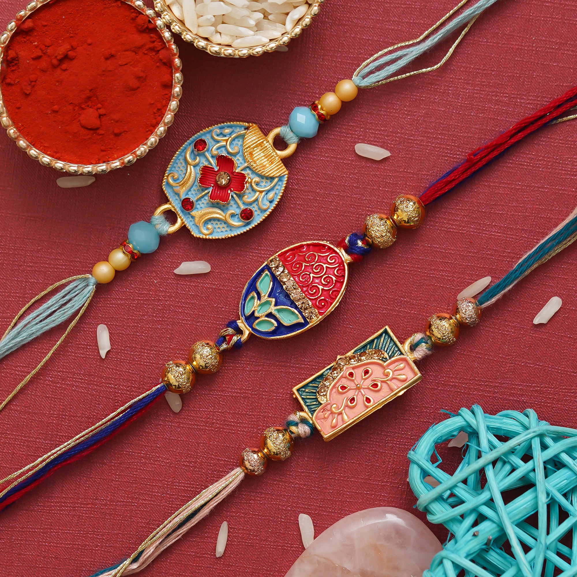 eCraftIndia Multicolor Set of 3 Semi Precious Designer Rakhis with Roli Chawal Pack 1